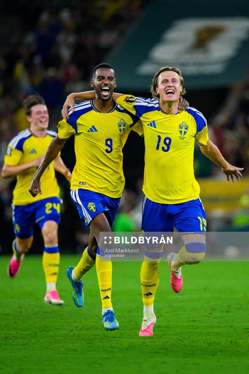 Alexander Isak and Mattias Svanberg of Sweden celebrate