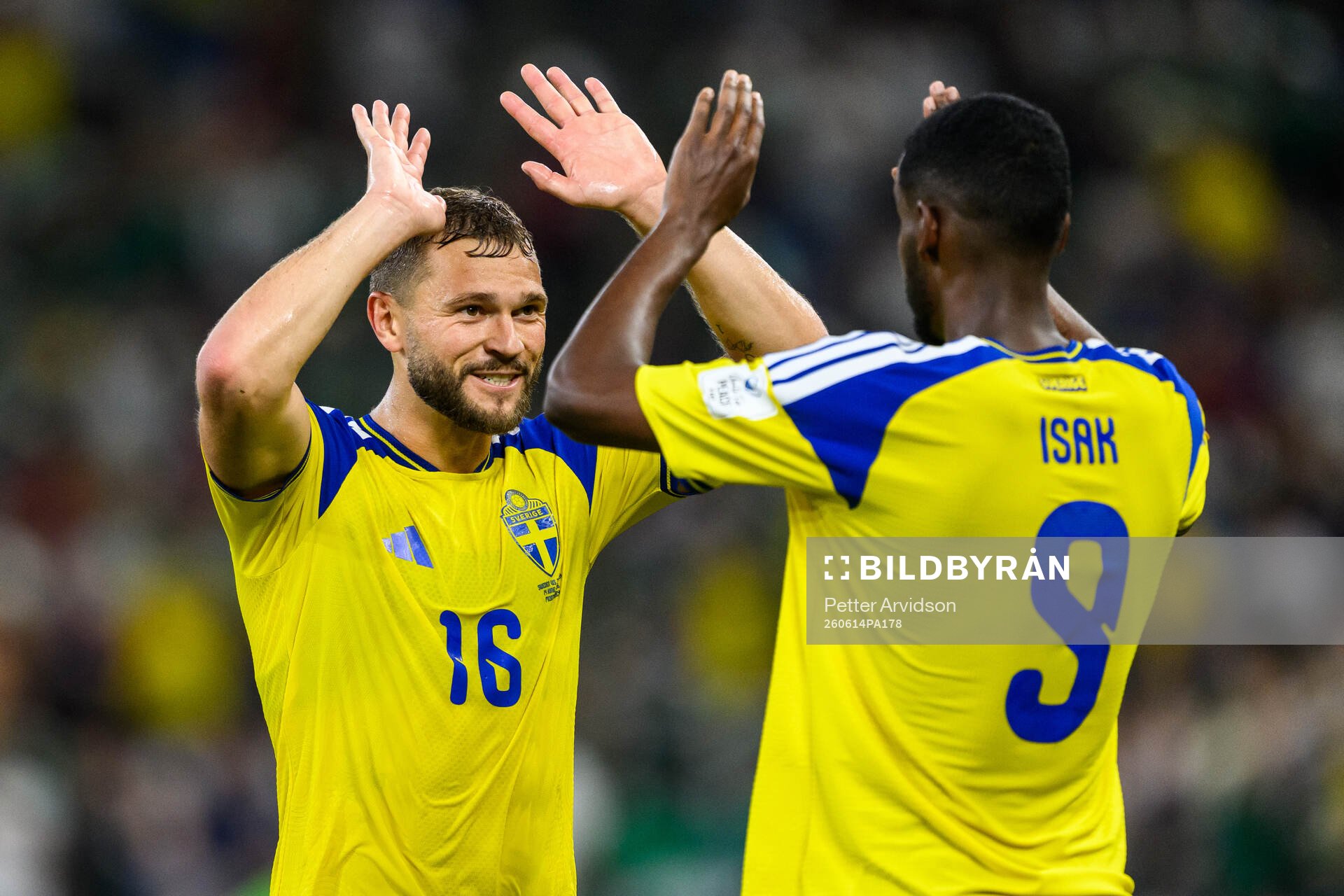 Jesper Karlström and Alexander Isak of Sweden celebrate