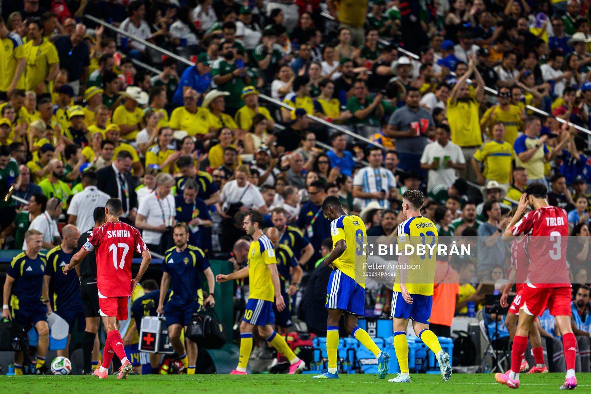 Alexander Isak and Viktor Gyökeres of Sweden leave the