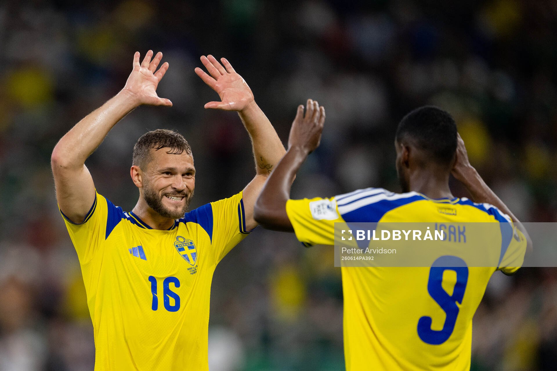 Jesper Karlström and Alexander Isak of Sweden celebrate