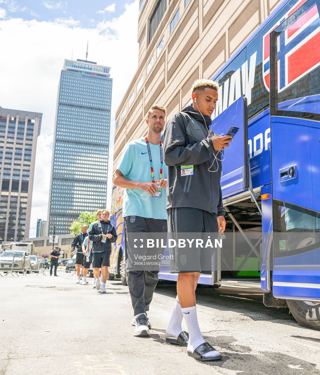 Kristoffer Ajer and Antonio Nusa of the Norwegian national