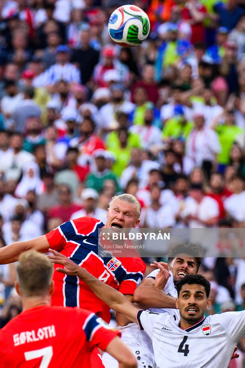 Erling Braut Haaland of Norway and Zaid Tahseen of Iraq