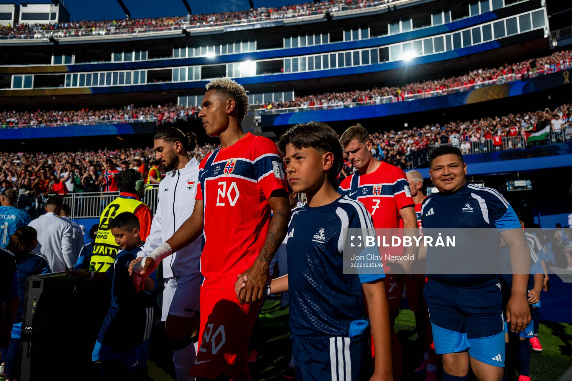 Antonio Nusa and Alexander Sørloth of Norway enter the