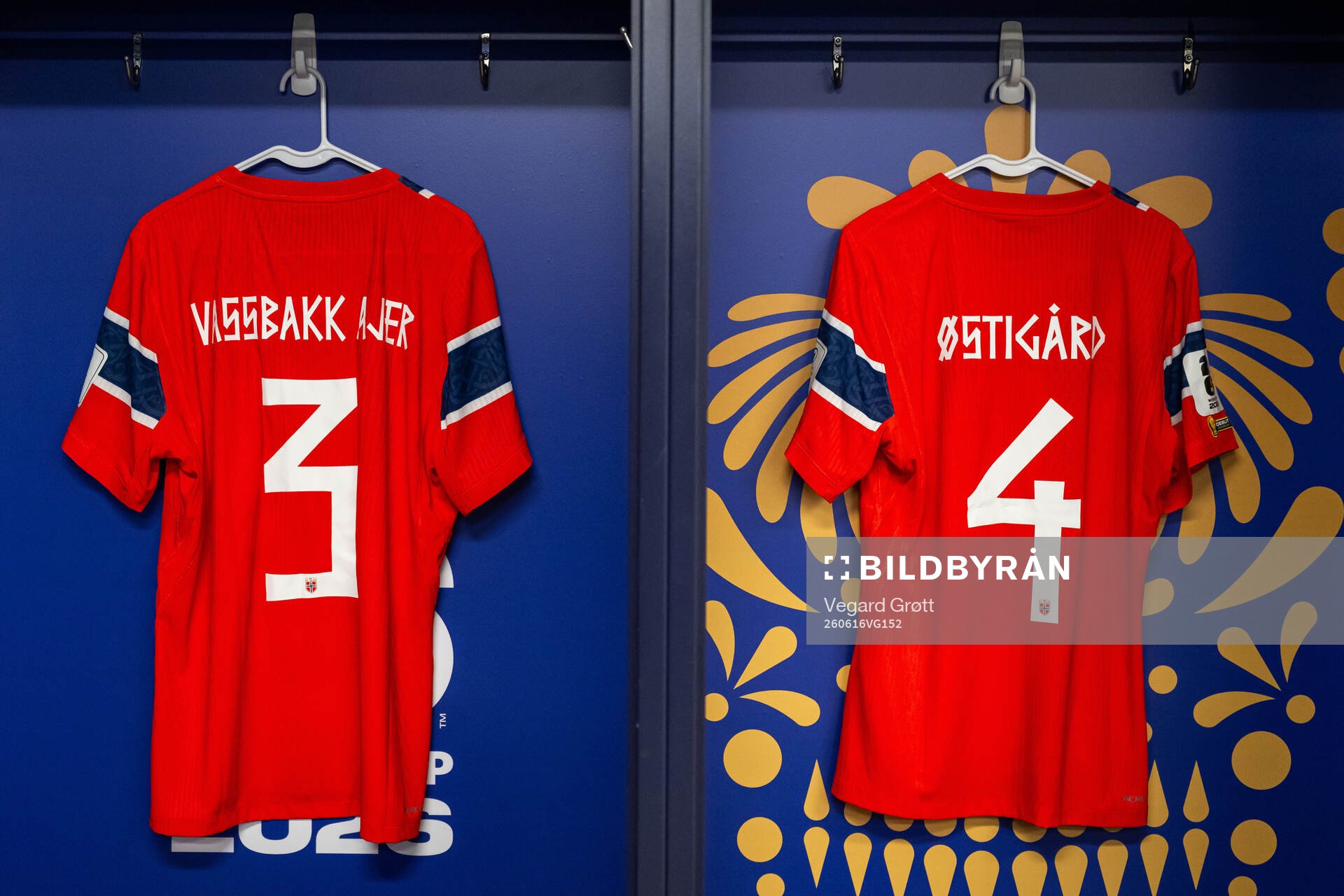 The kits of Kristoffer Ajer and Leo Østigård of Norway in