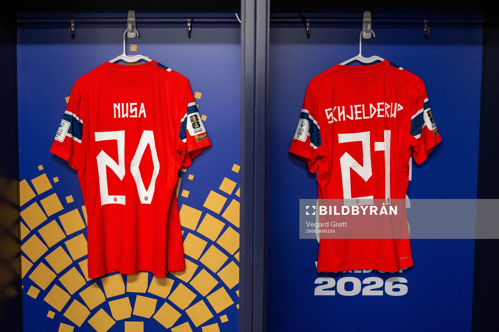 The kits of Antonio Nusa and Andreas Schjelderup of Norway