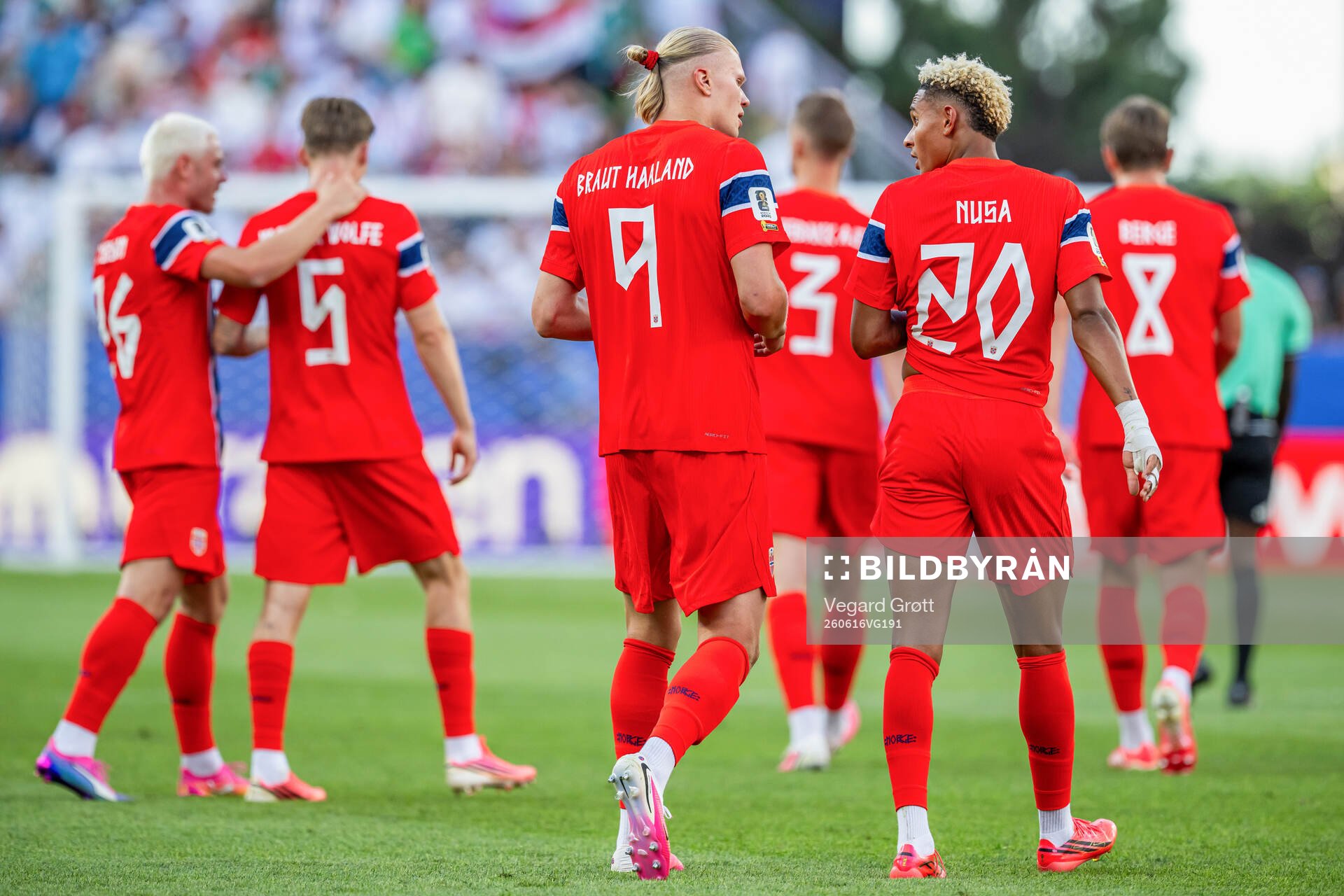 Erling Braut Haaland of Norway celebrates with teammate