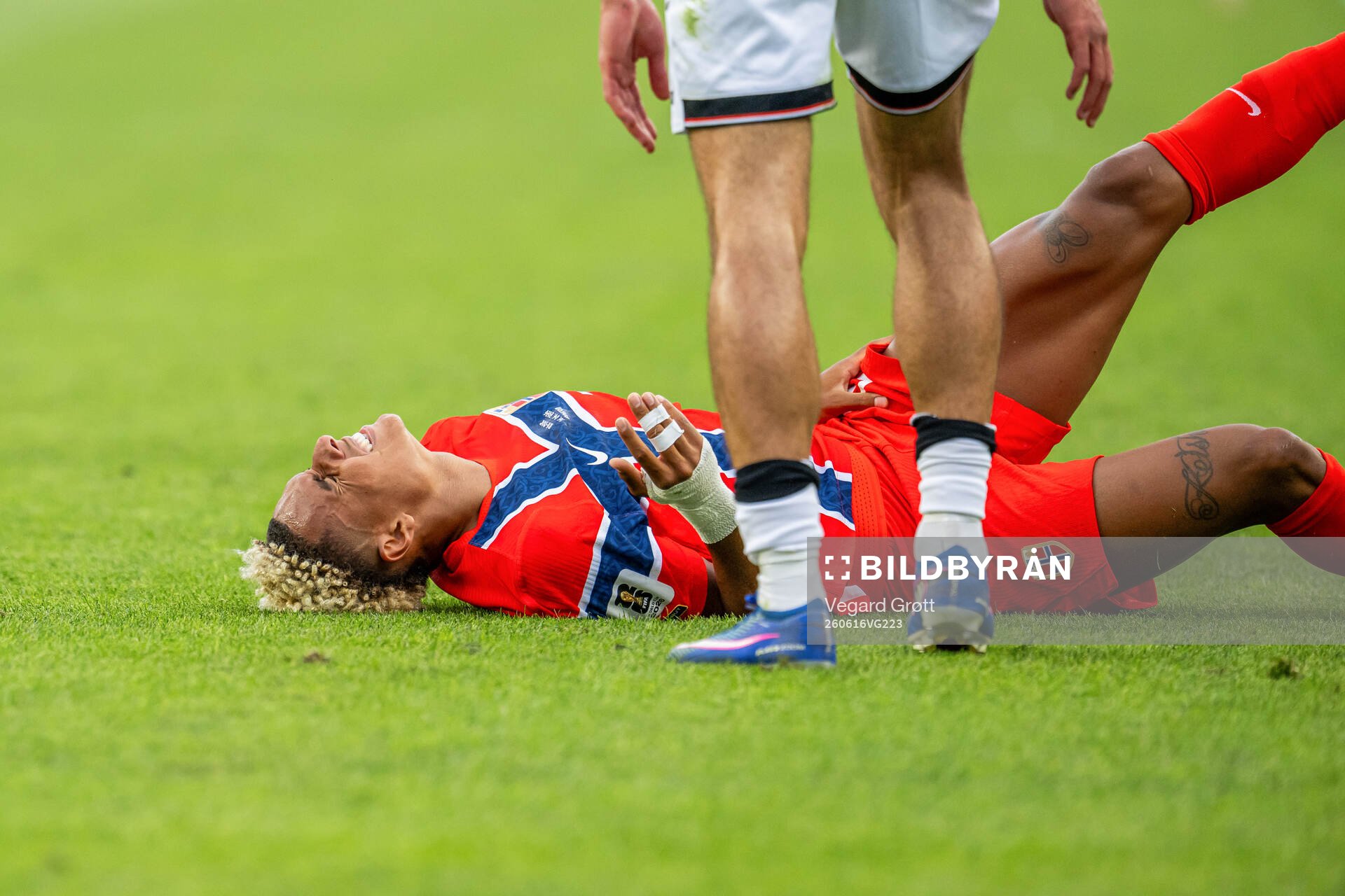 Antonio Nusa of Norway in pain