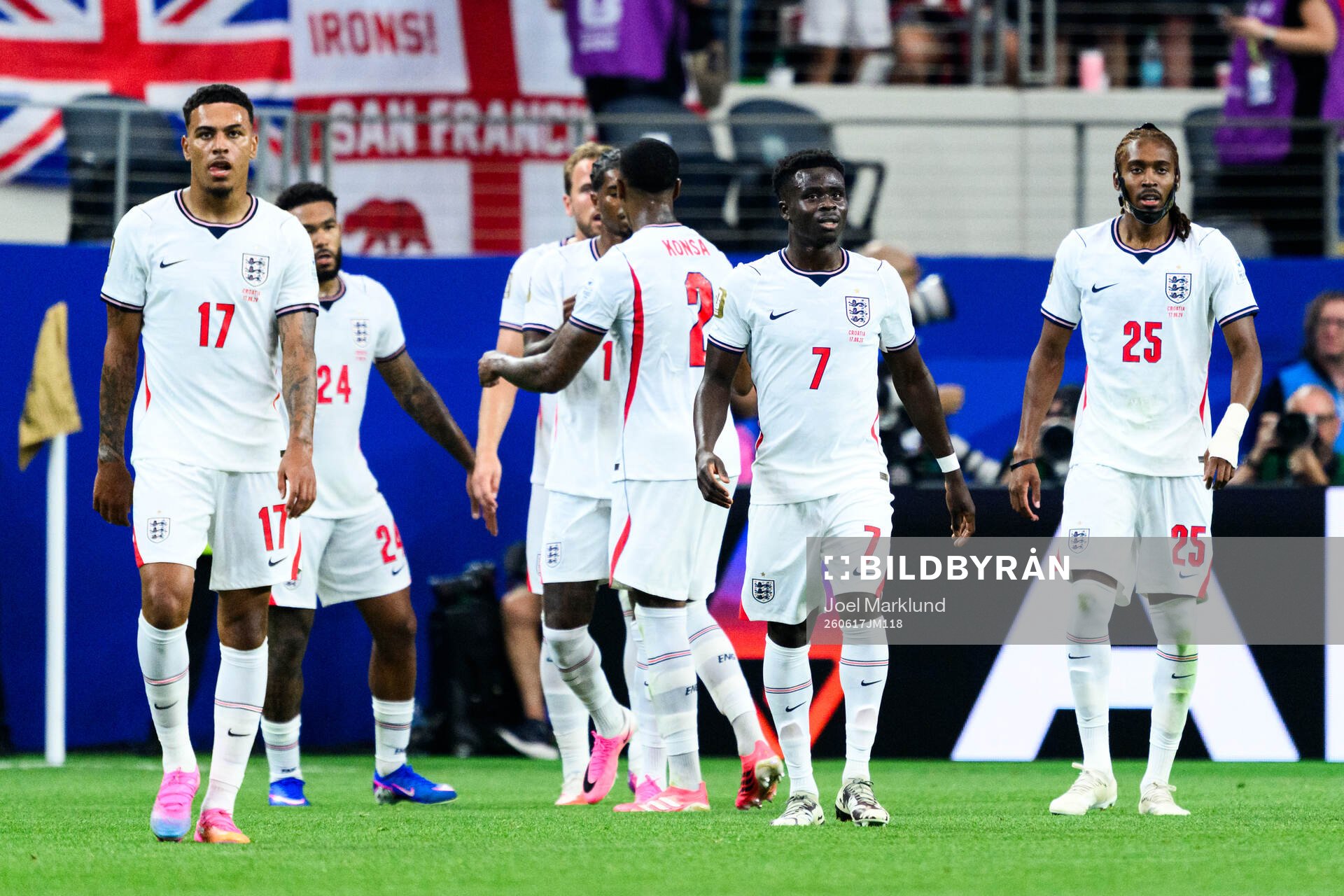 Morgan Rogers, Bukayo Saka and Djed Spence of England
