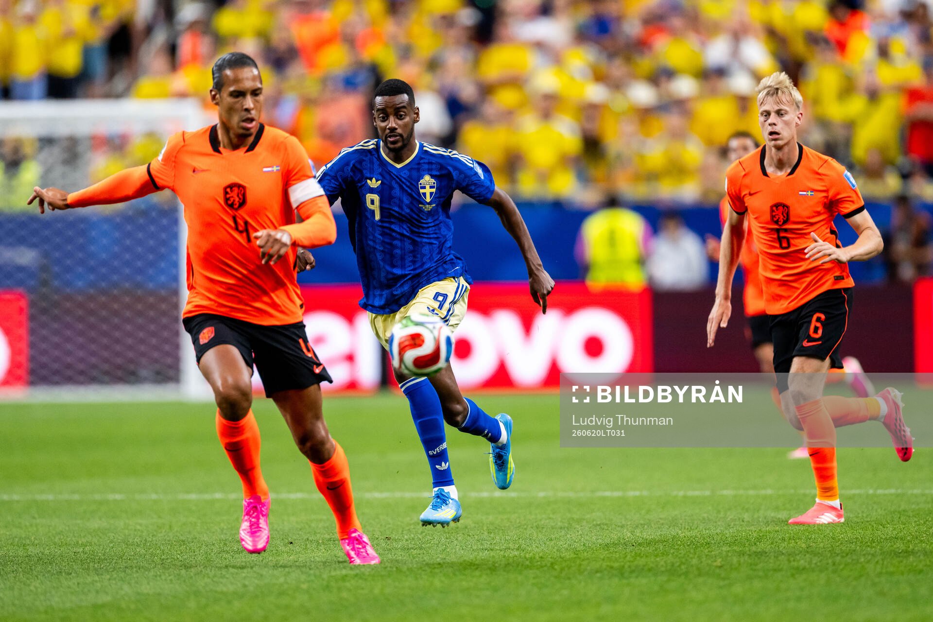 Alexander Isak of Sweden against Virgil Van Dijk and Jan