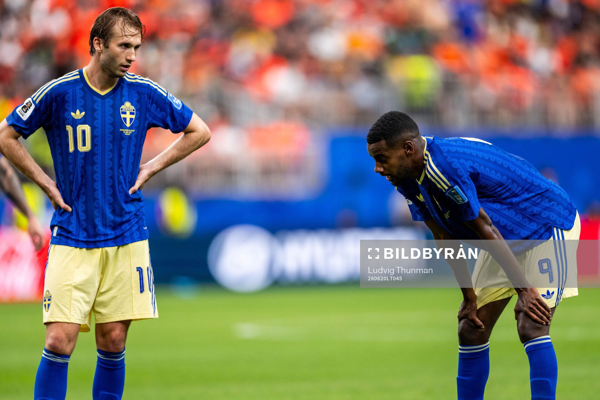 Benjamin Nygren and Alexander Isak of Sweden look dejected