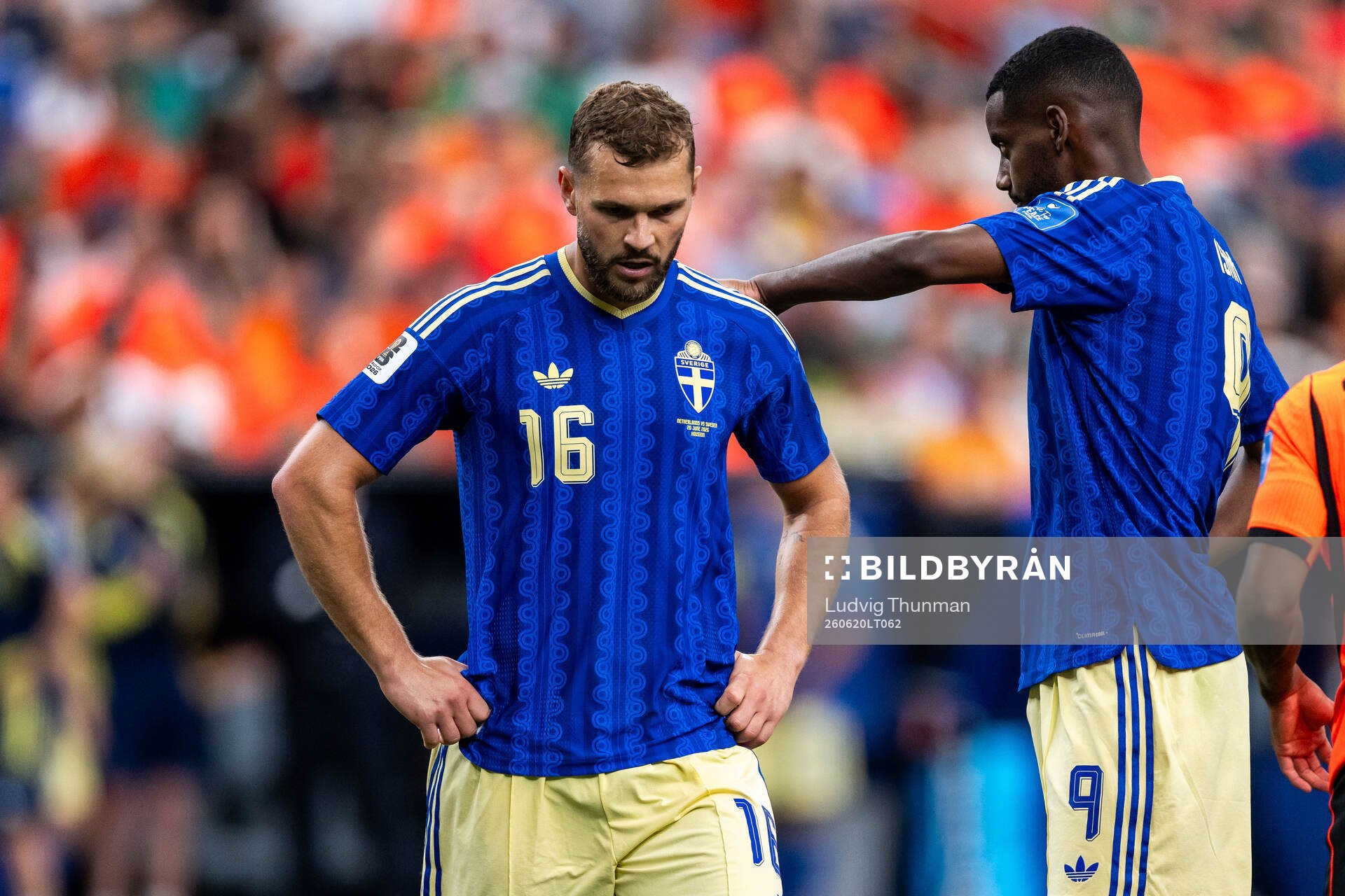 Jesper Karlström and Alexander Isak of Sweden look dejected