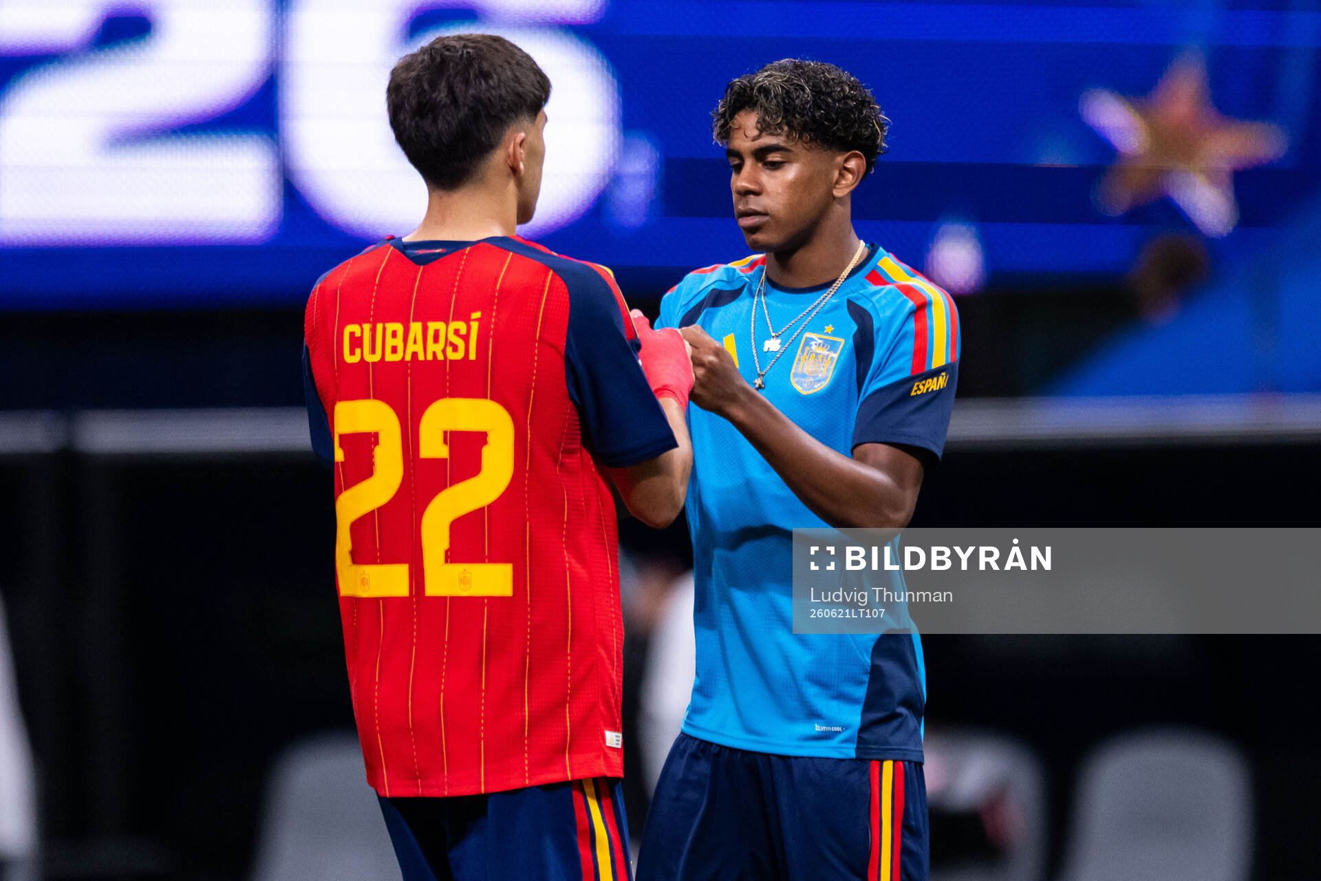 Pau Cubarsi and Lamine Yamal of Spain