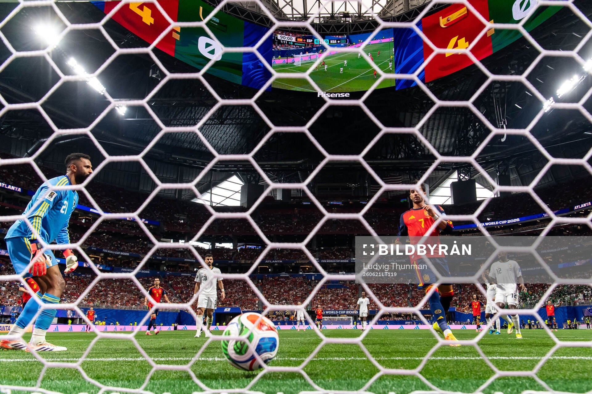 Ferran Torres of Spain scores 5-0 behind goalkeeper