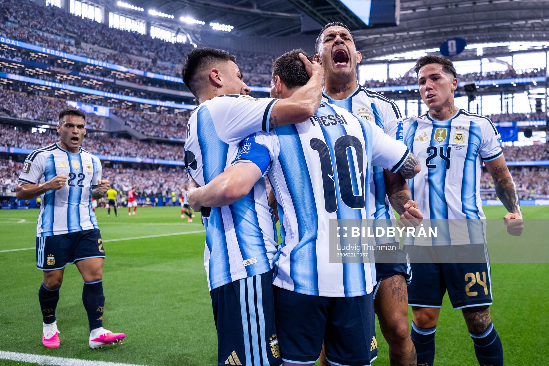 Lionel Messi of Argentina celebrates with Lautaro Martinez,