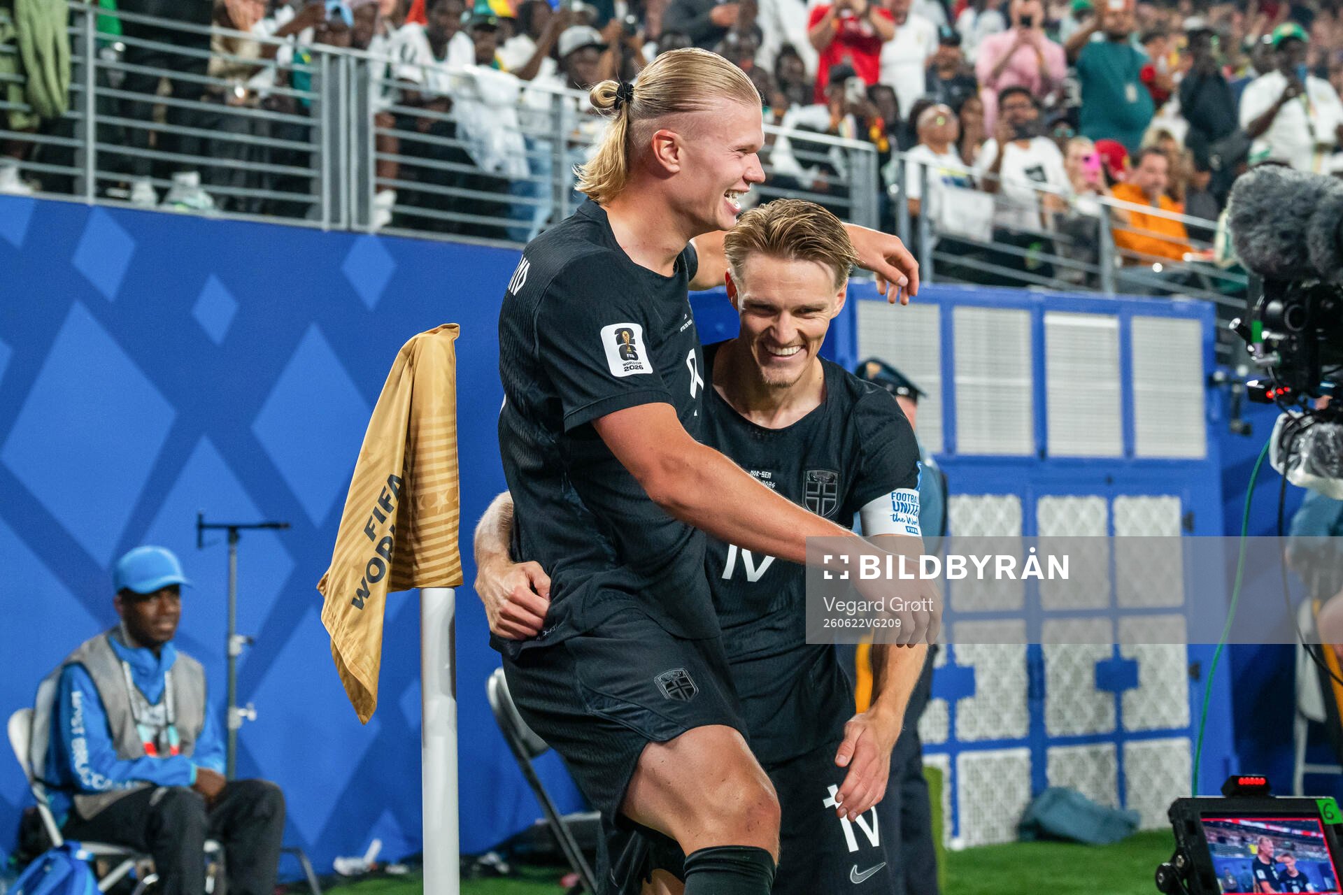 Erling Braut Haaland of Norway celebrates with teammate