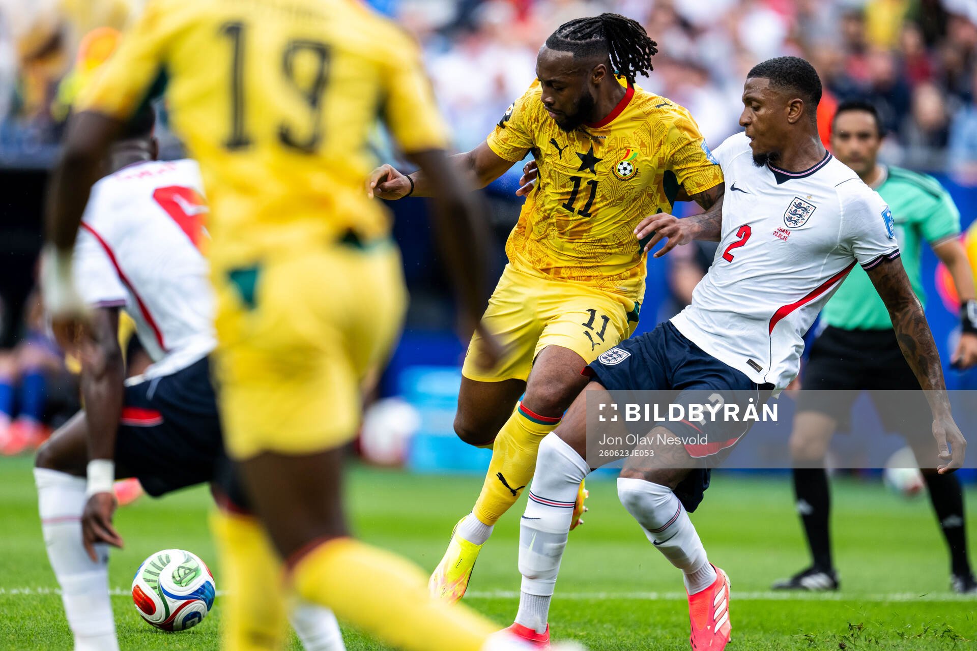 Antoine Semenyo of Ghana and Ezri Konsa of England