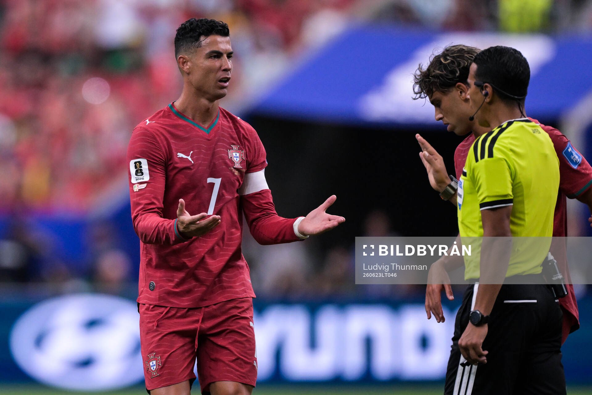 Cristiano Ronaldo of Portugal reacts towards referee Jalal