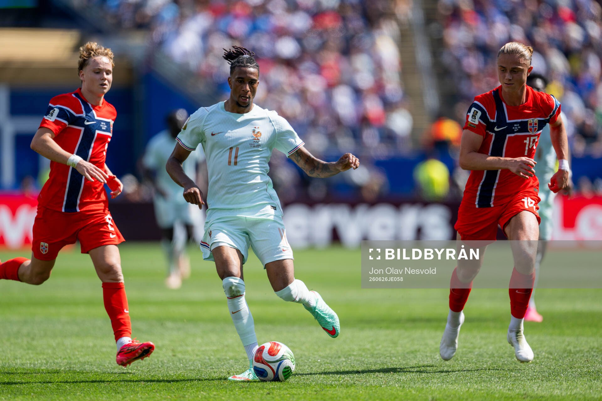 Andreas Schjelderup of Norway, Michael Olise of France and