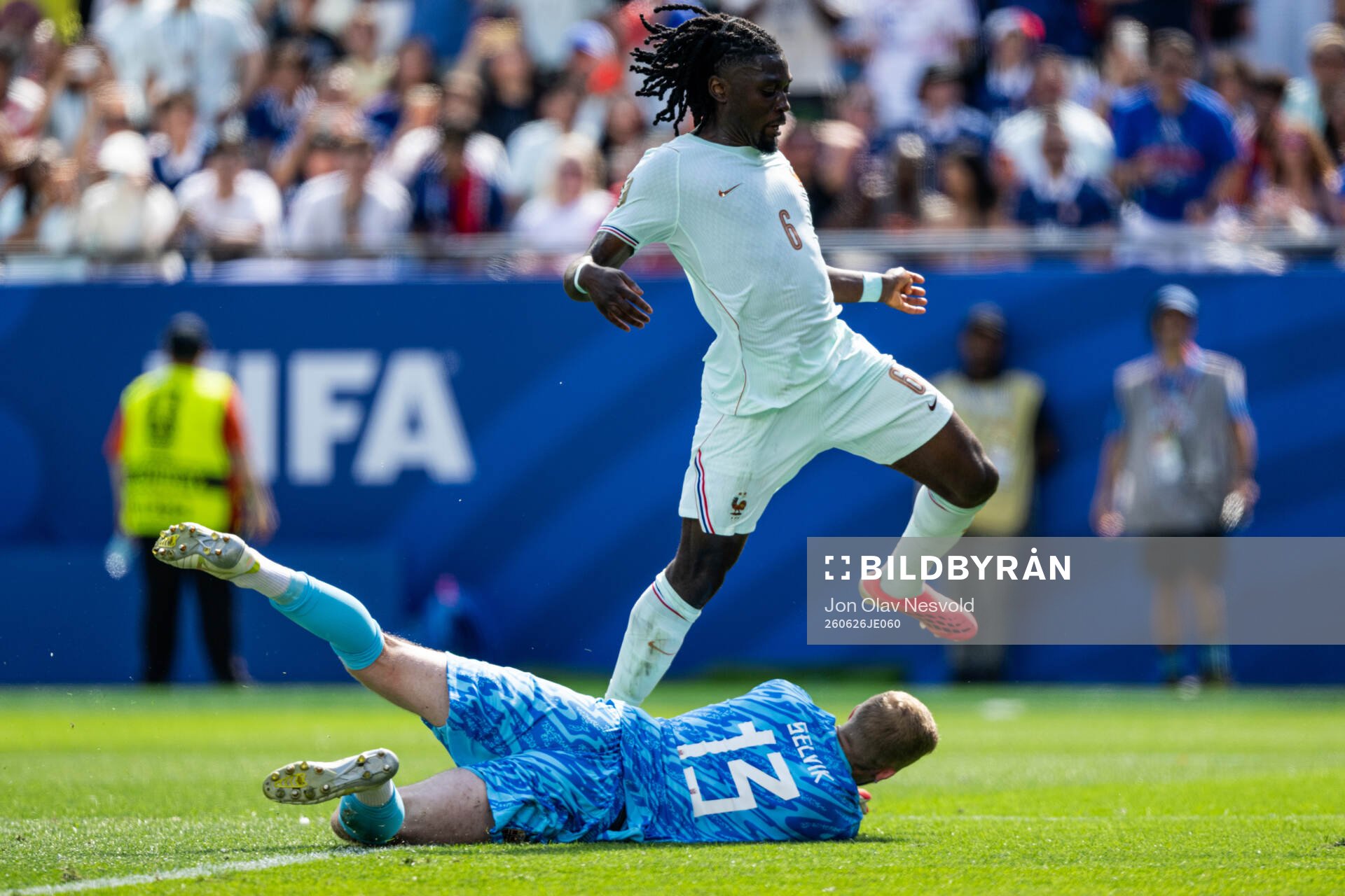Goalkeeper Egil Selvik of Norway and Manu Kone of France