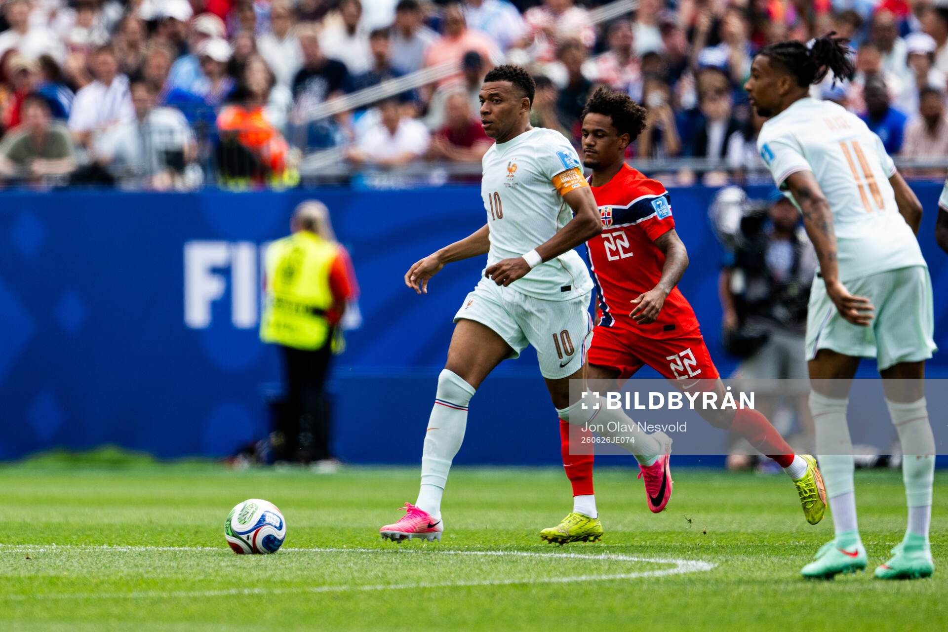 Kylian Mbappe of France and Oscar Bobb of Norway