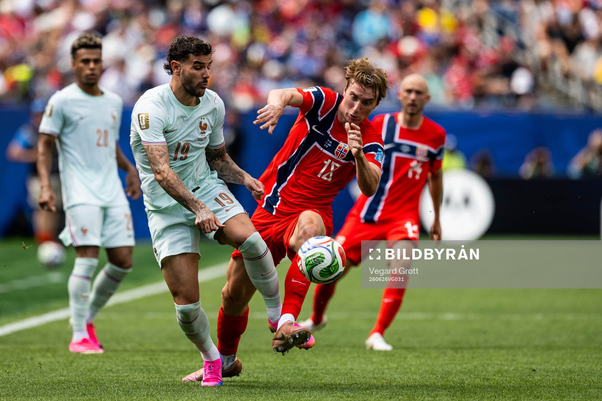 Theo Hernandez of France and Kristian Thorstvedt of Norway