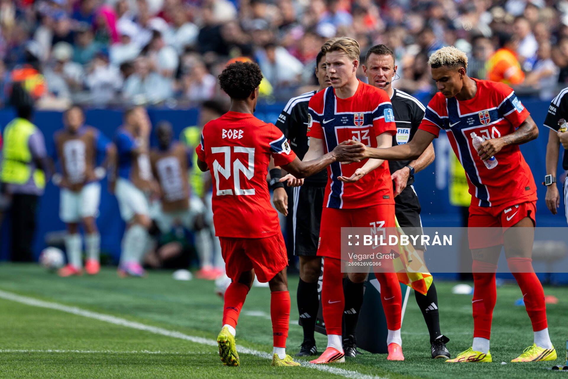 Oscar Bobb, Jens Petter Hauge and Antonio Nusa of Norway