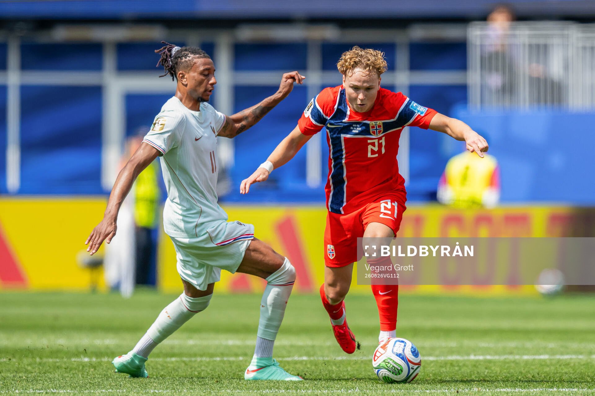 Michael Olise of France and Andreas Schjelderupof Norway