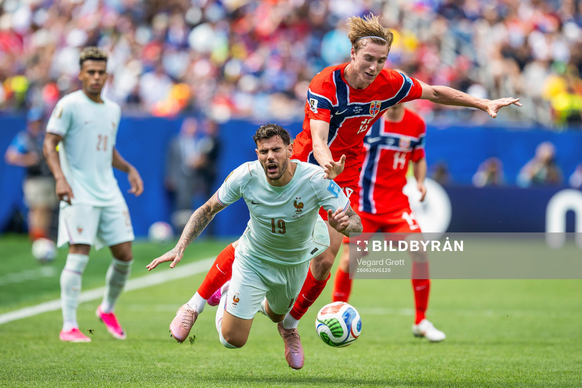 Theo Hernandez of France and Kristian Thorstvedt of Norway