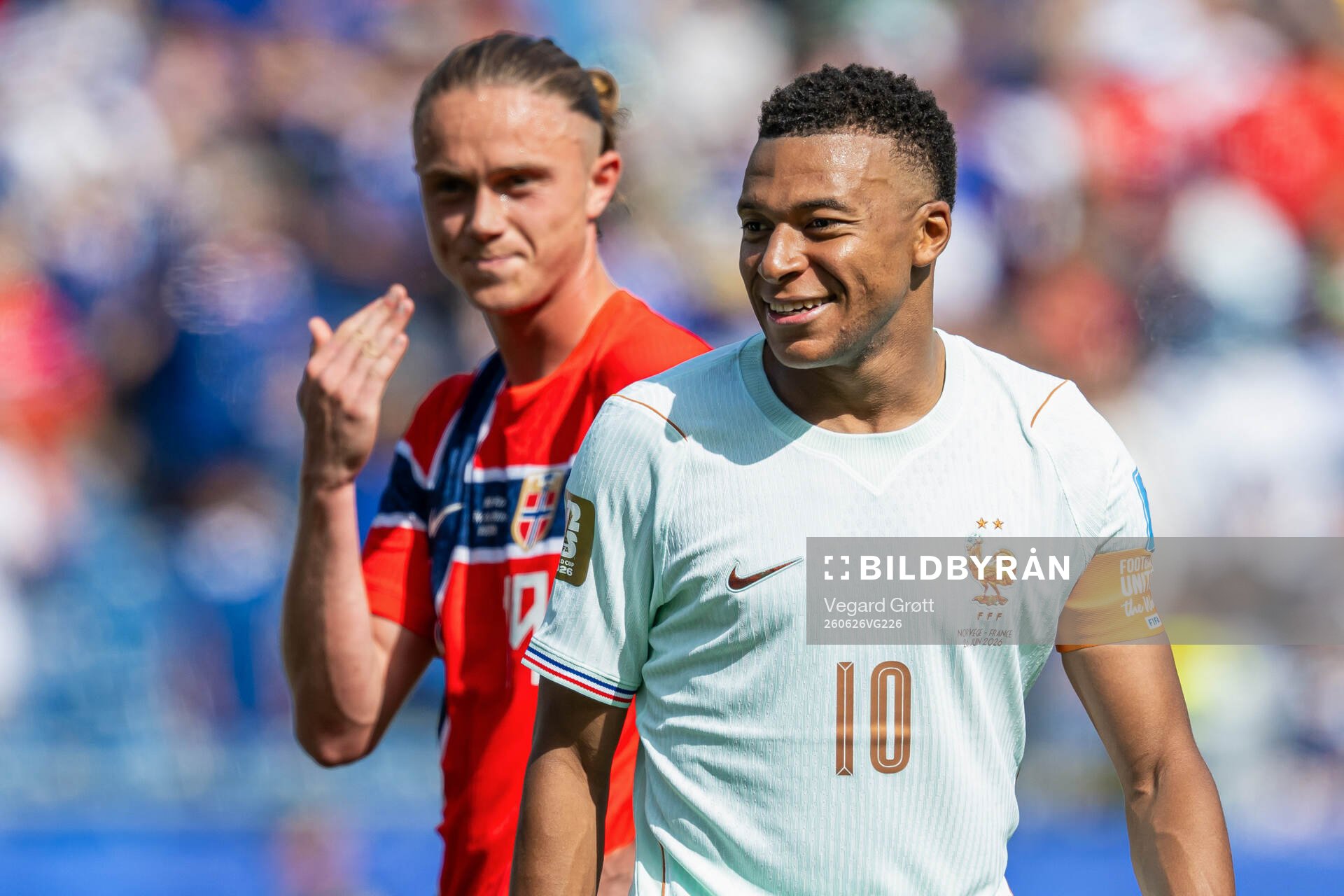 Thelo Aasgaard of Norway and Kylian Mbappe of France