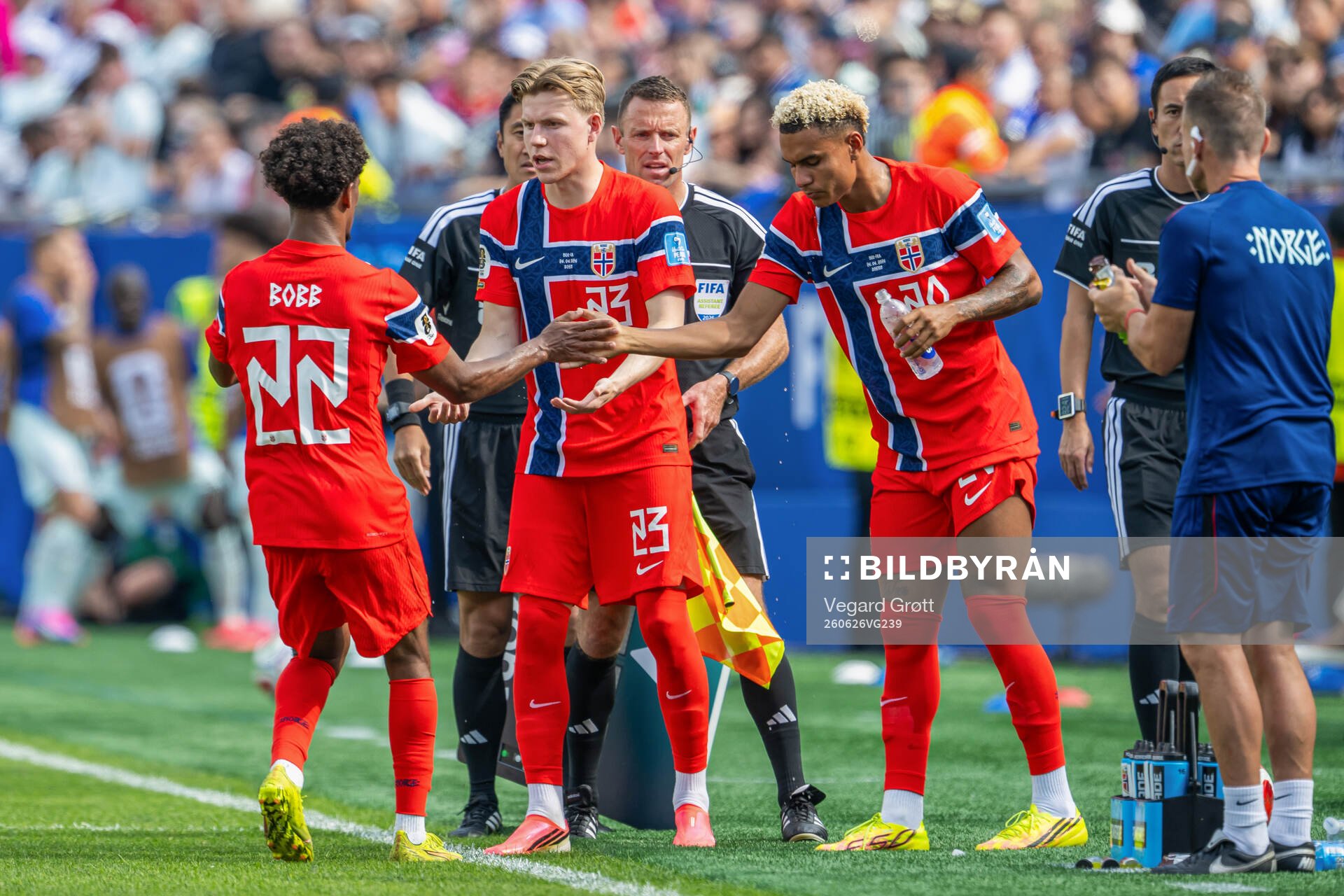 Oscar Bobb, Jens Petter Hauge and Antonio Nusa of Norway