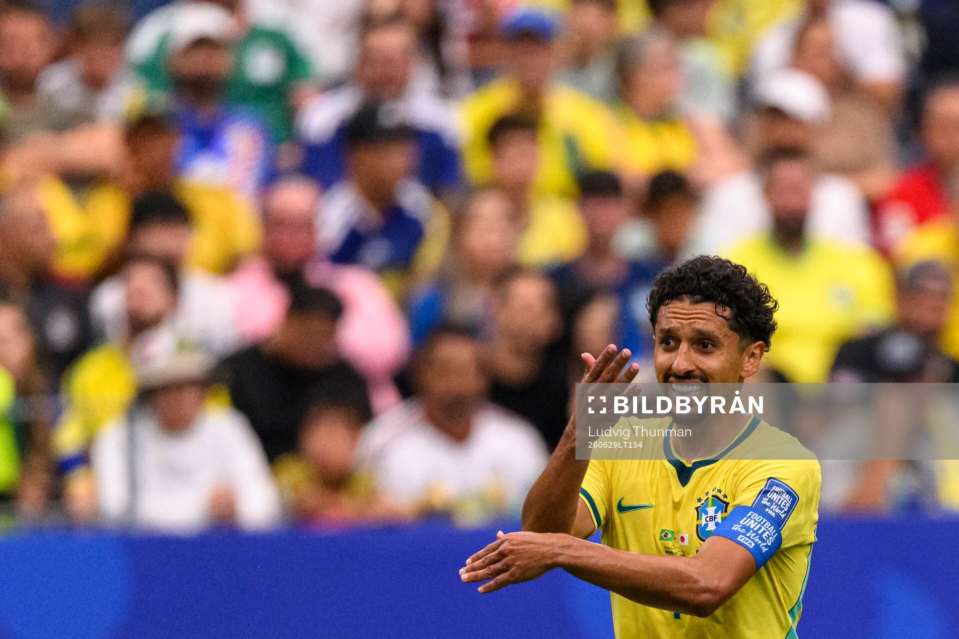 Marquinhos of Brazil reacts
