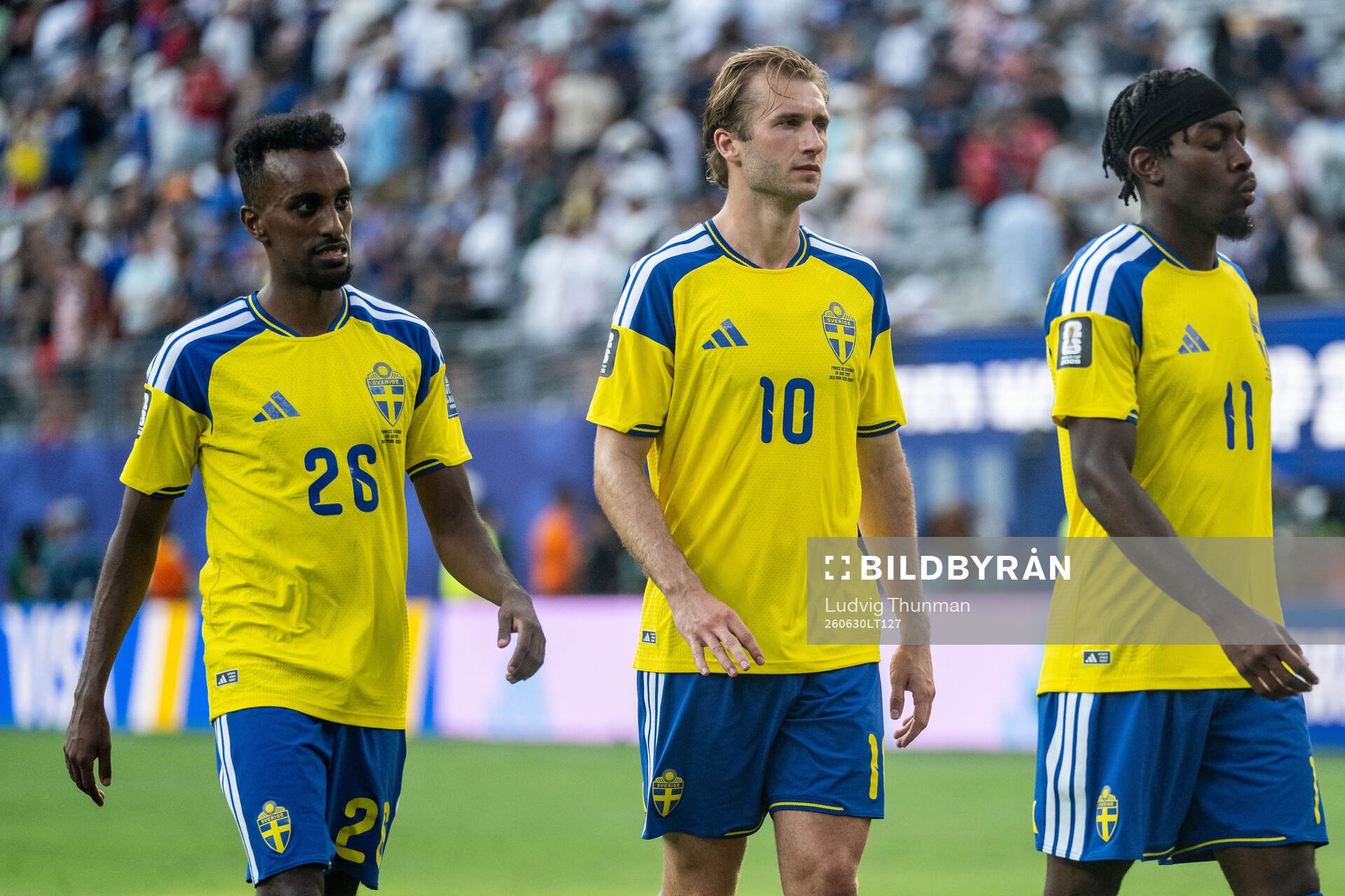 Taha Ali, Benjamin Nygren and Anthony Elanga of Sweden look