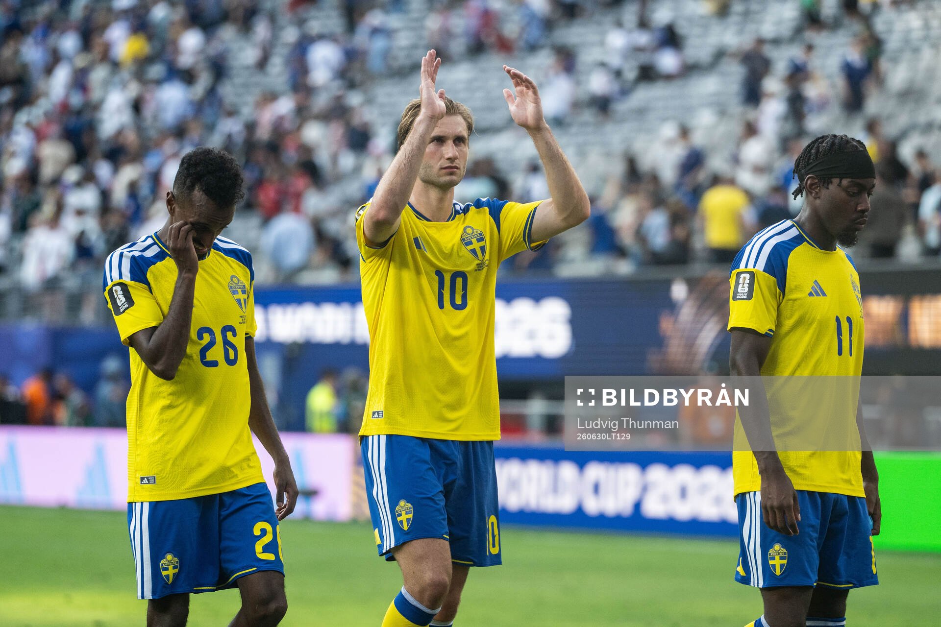 Taha Ali, Benjamin Nygren and Anthony Elanga of Sweden look