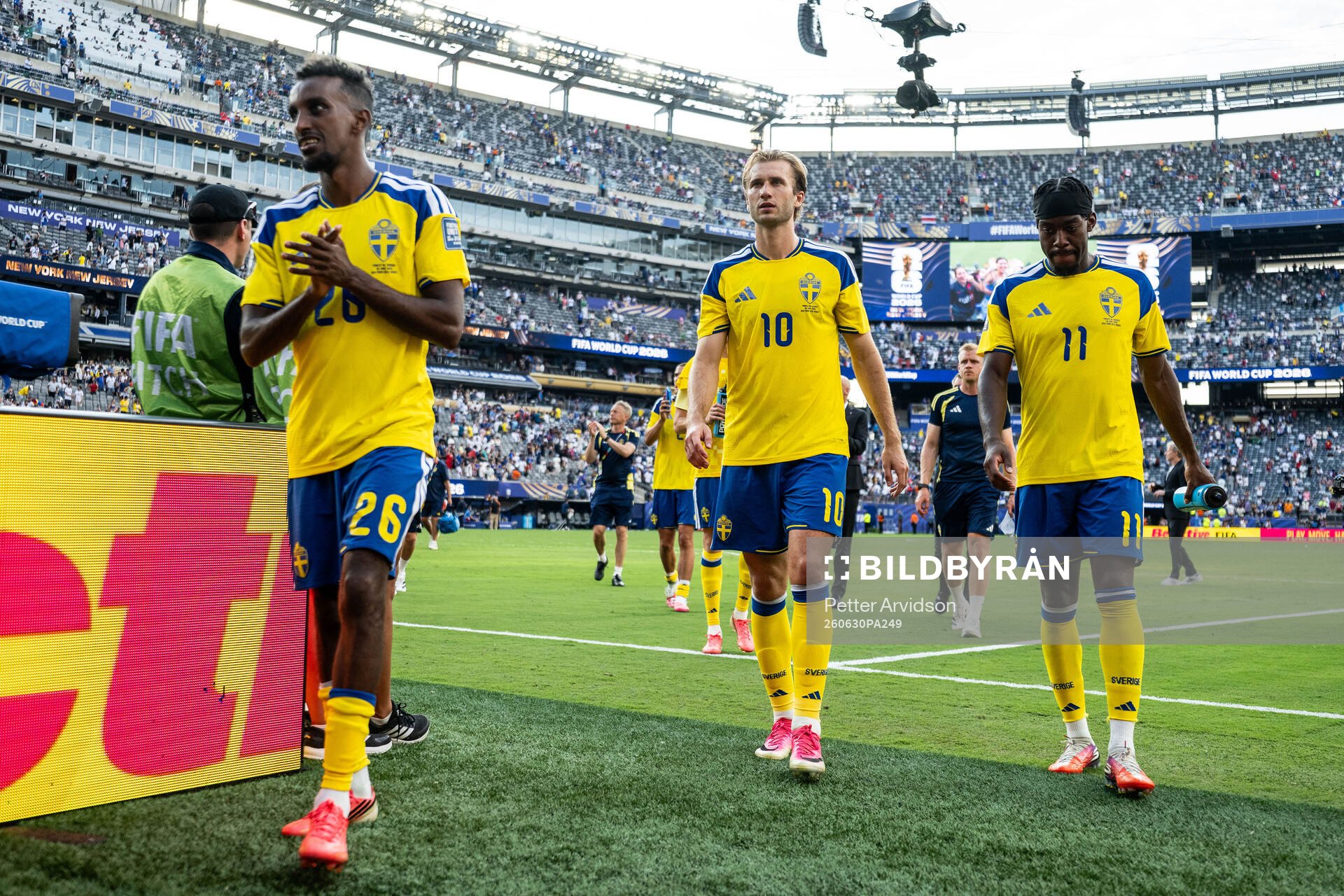 Taha Ali, Benjamin Nygren and Anthony Elanga of Sweden look