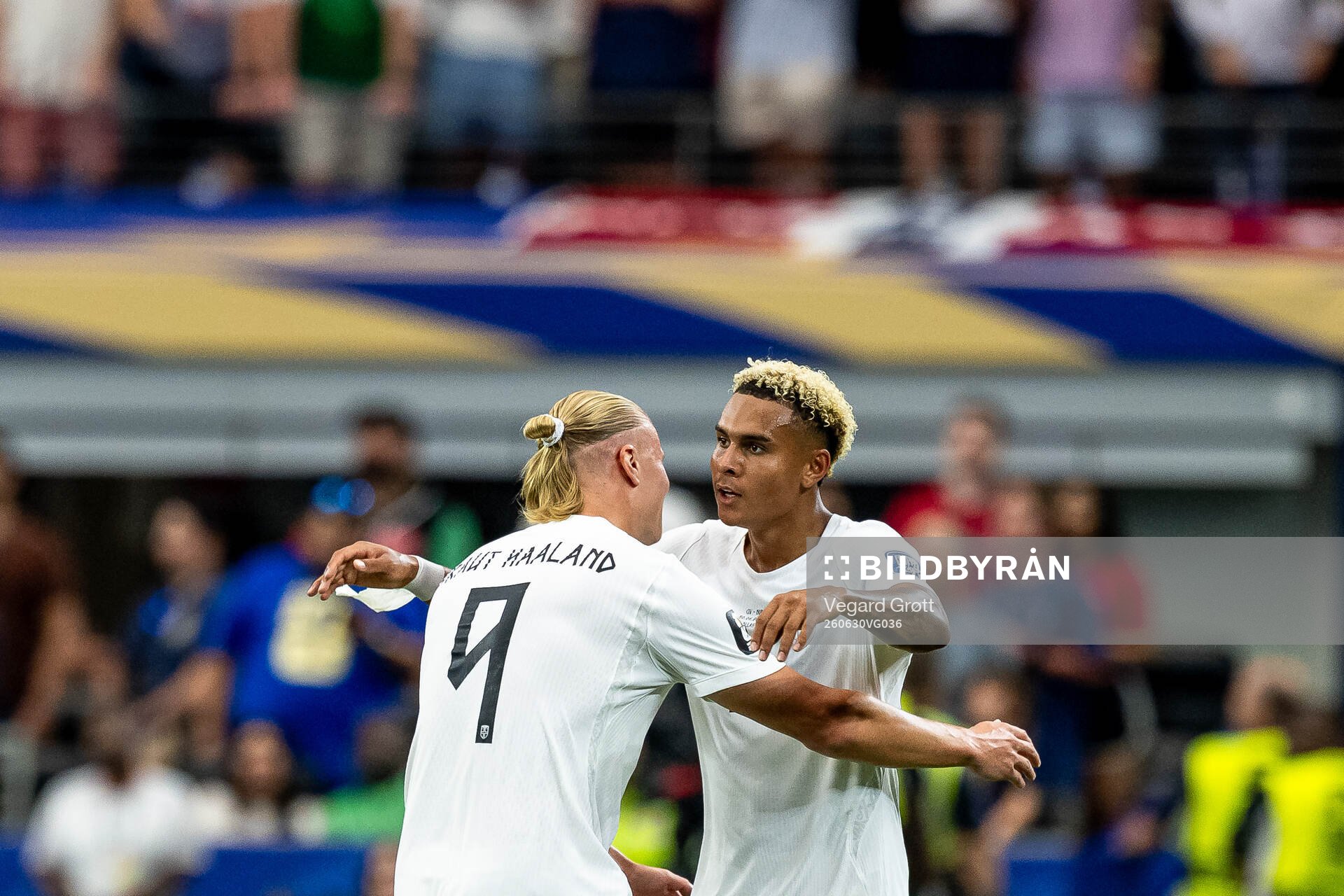 Antonio Nusa and Erling Braut Haaland of Norway celebrates