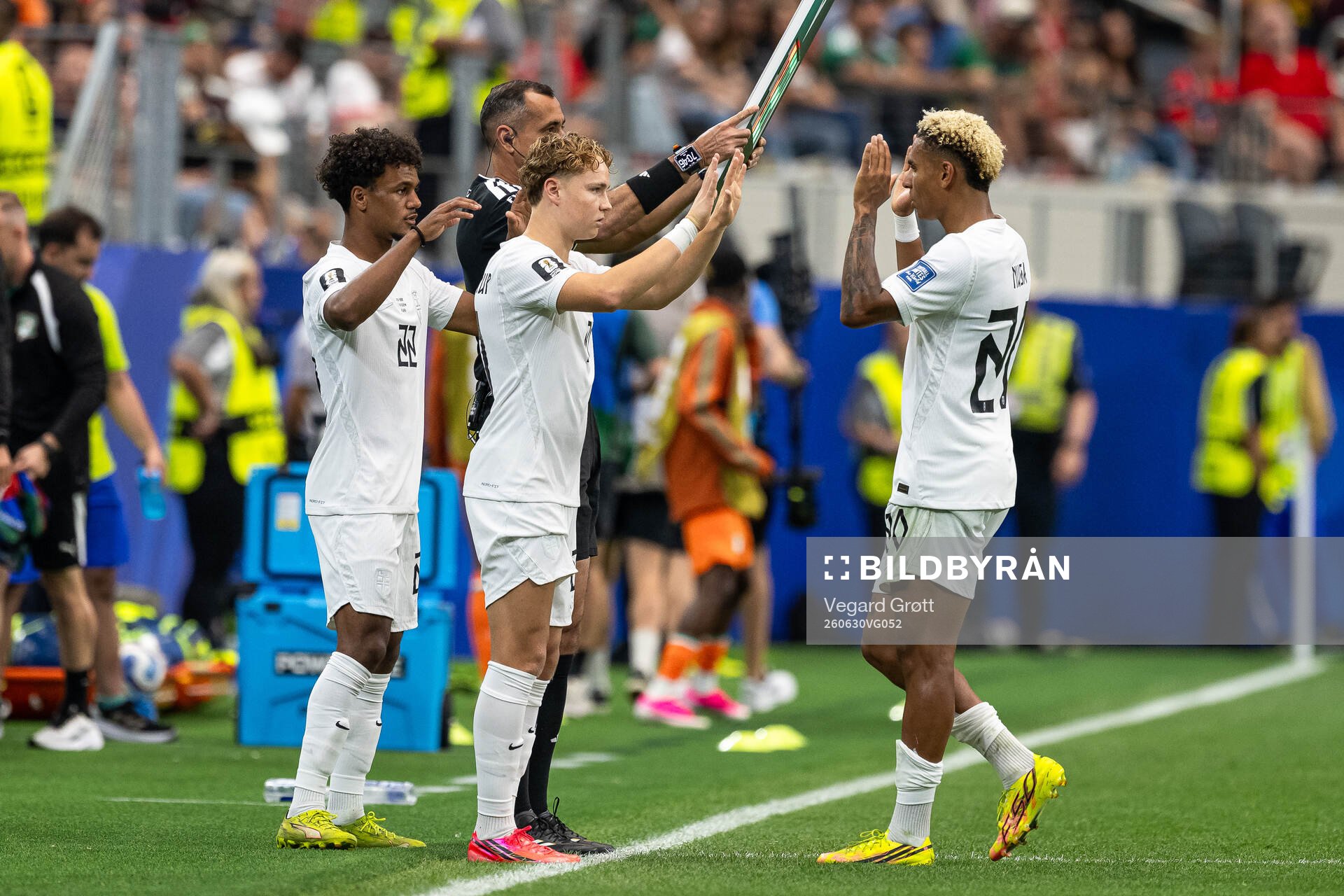 Oscar Bobb, Andreas Schjelderup and Antonio Nusa of Norway