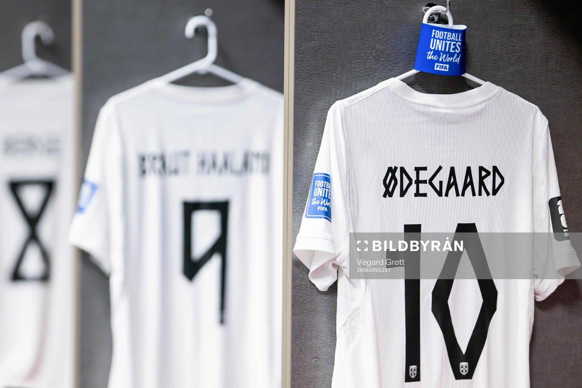 The kit of Martin Ødegaard of Norway in the dressing room