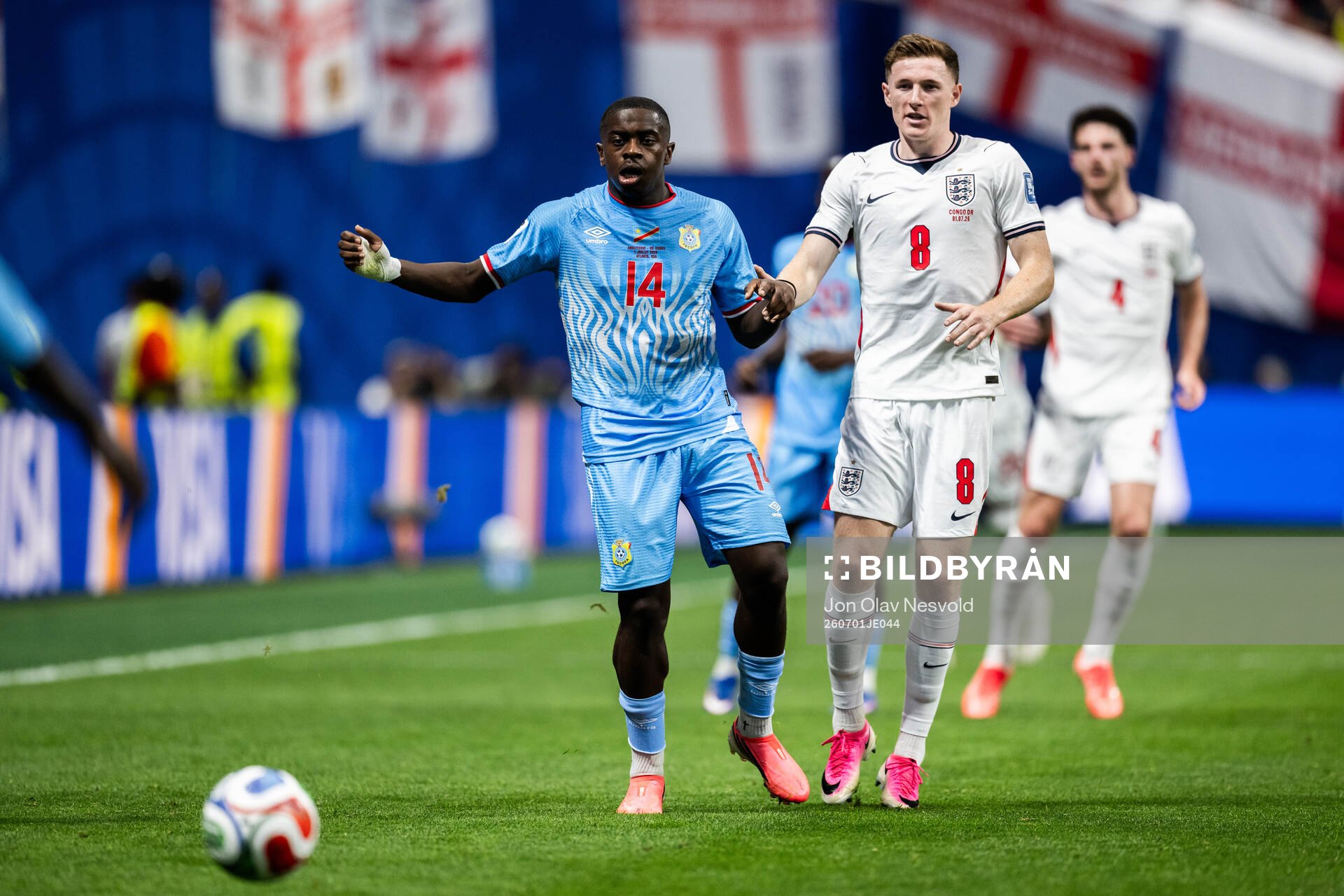 Noah Sadiki of Congo DR and Elliot Anderson of England