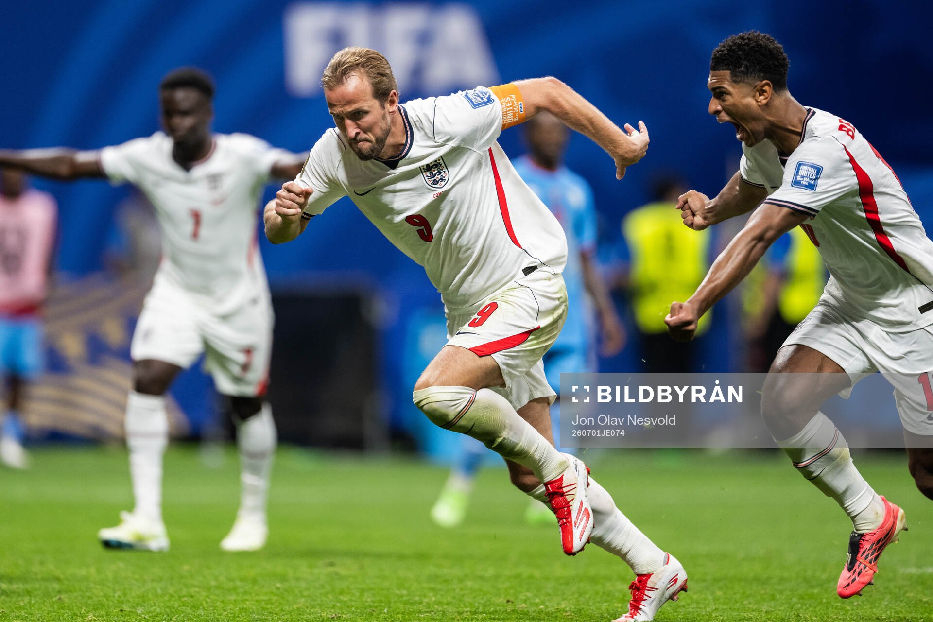 Bukayo Saka, Harry Kane and Jude Bellingham of England