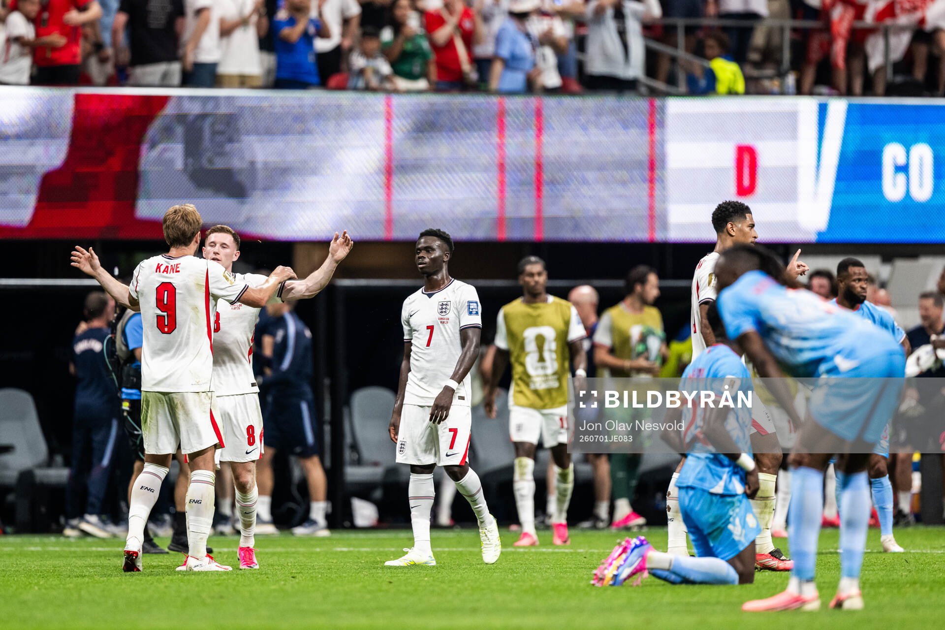 Harry Kane, Elliot Anderson and Bukayo Saka of England