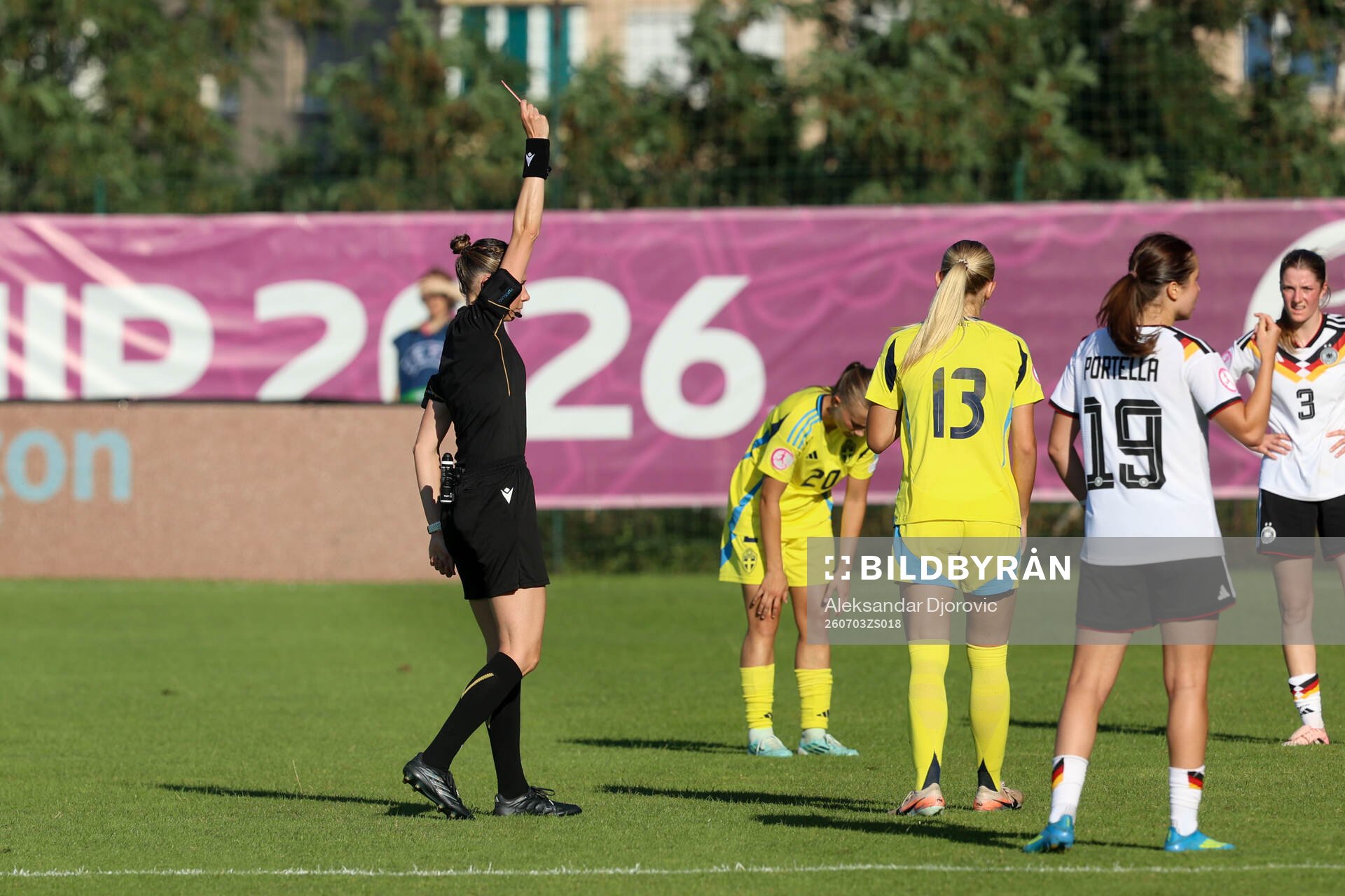 Tilde Karlsson of Sweden receives a red card
