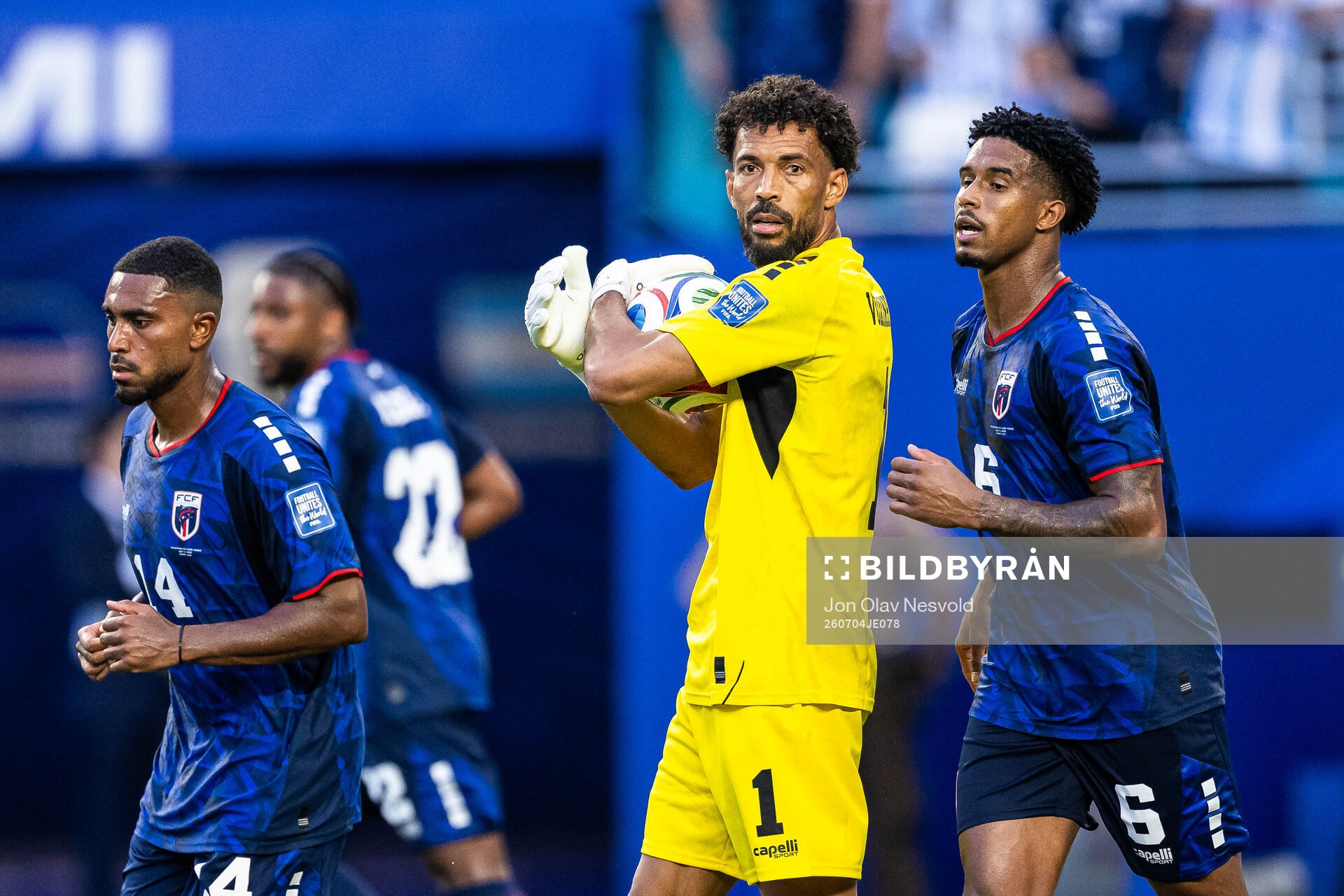 Deroy Duarte, goalkeeper Vozinha and Kevin Pina of Cabo