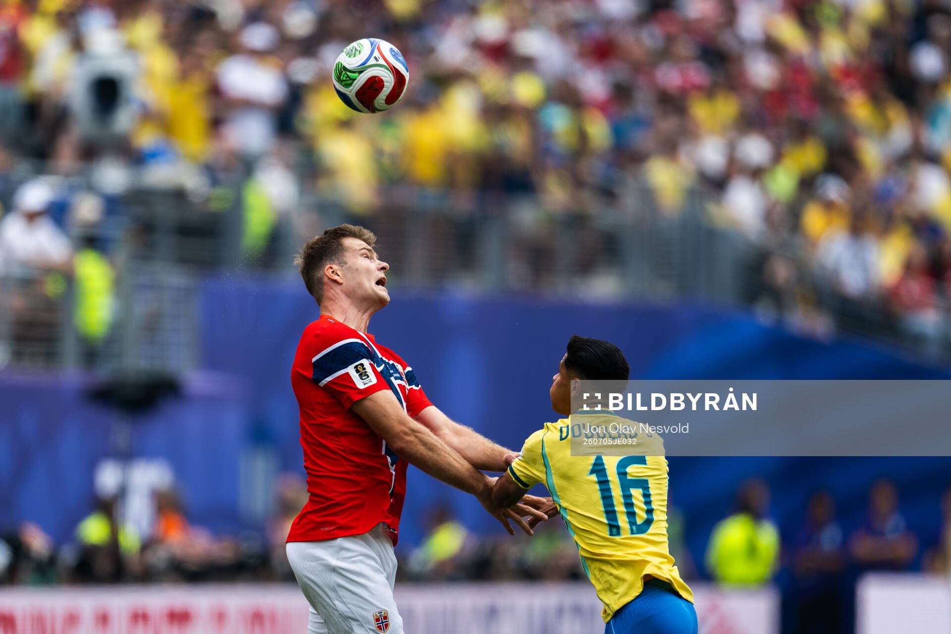 Alexander Sørloth of Norway and Douglas Santos of Brazil