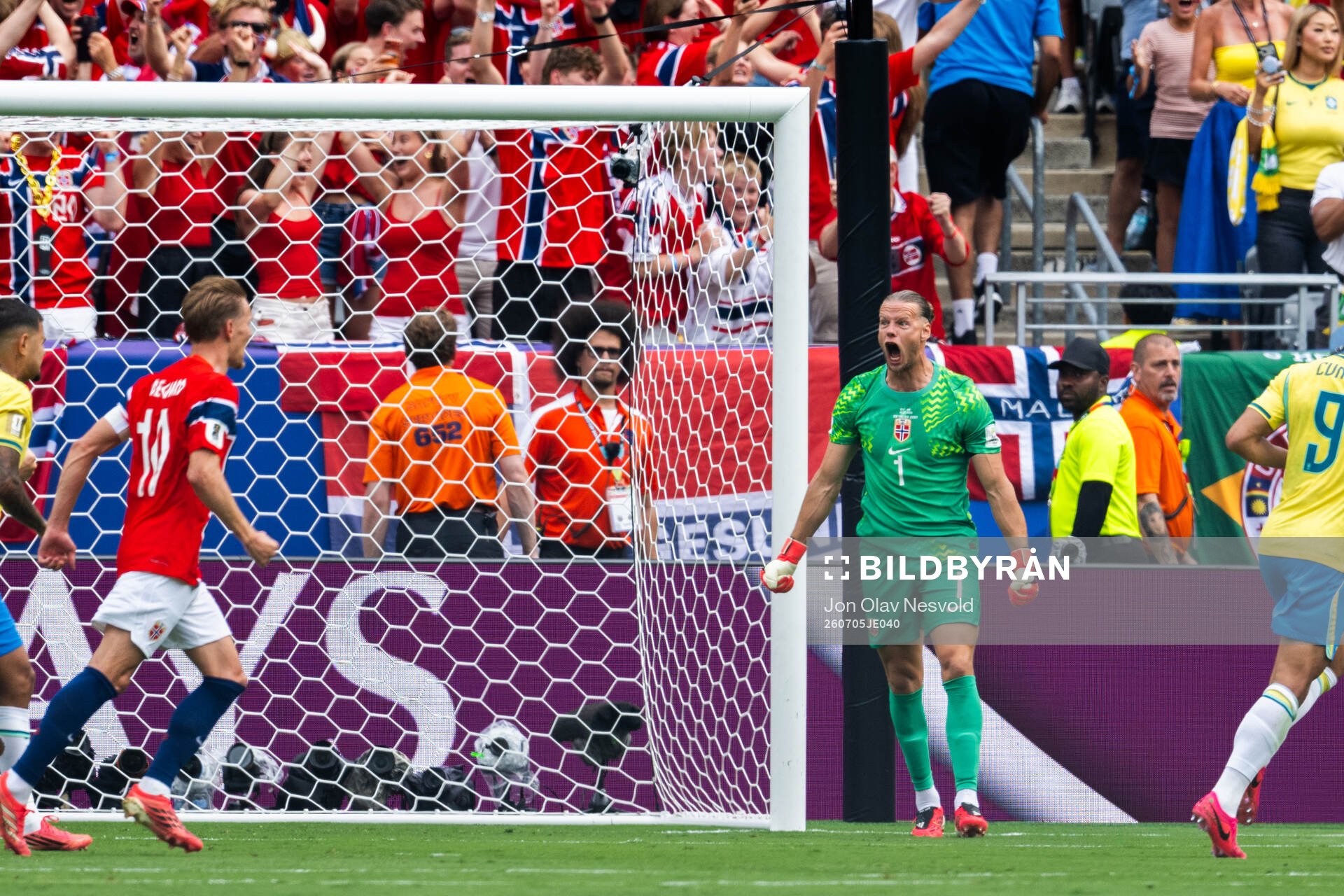 Goalkeeper Ørjan Nyland of Norway reacts