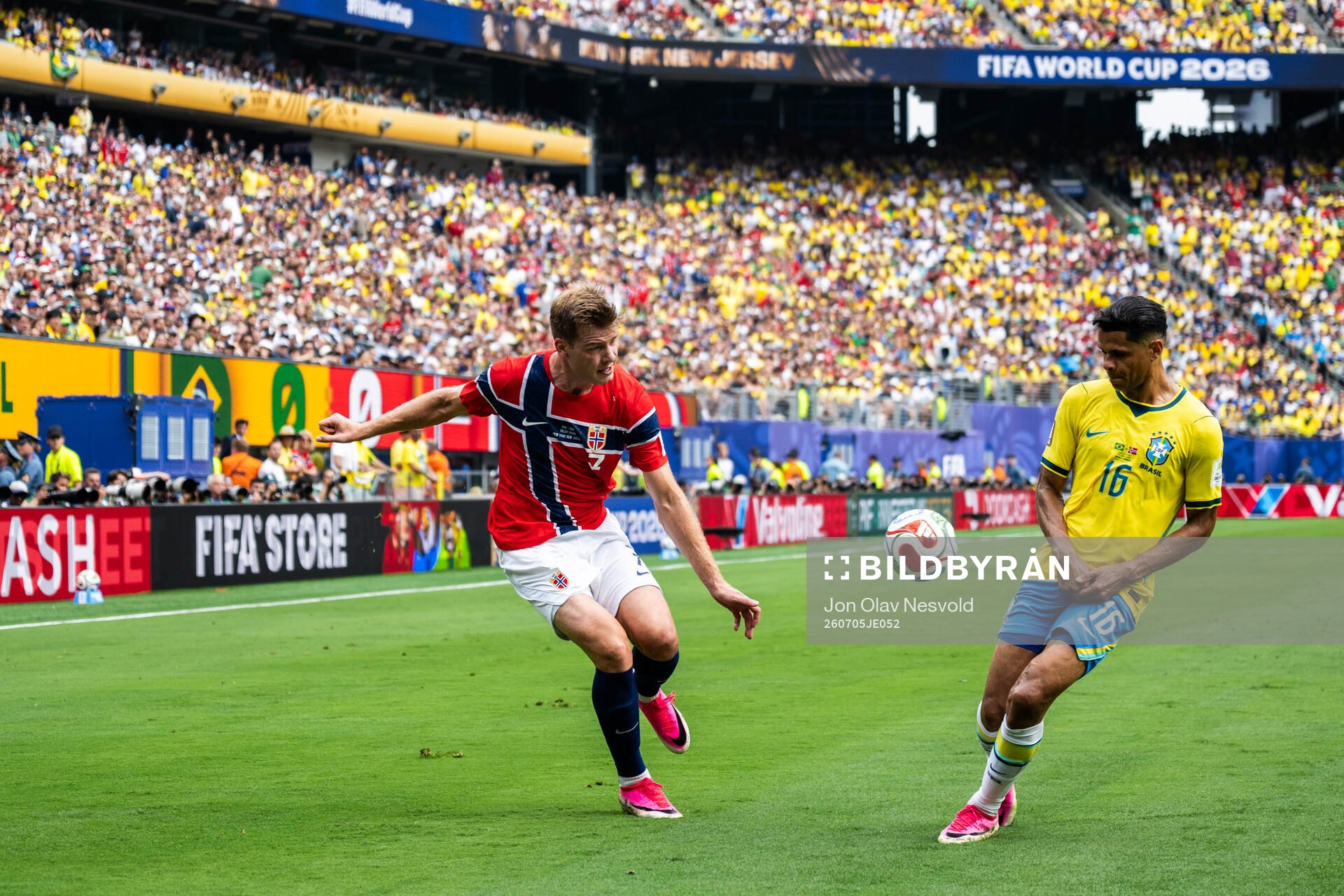 Alexander Sørloth of Norway and Douglas Santos of Brazil