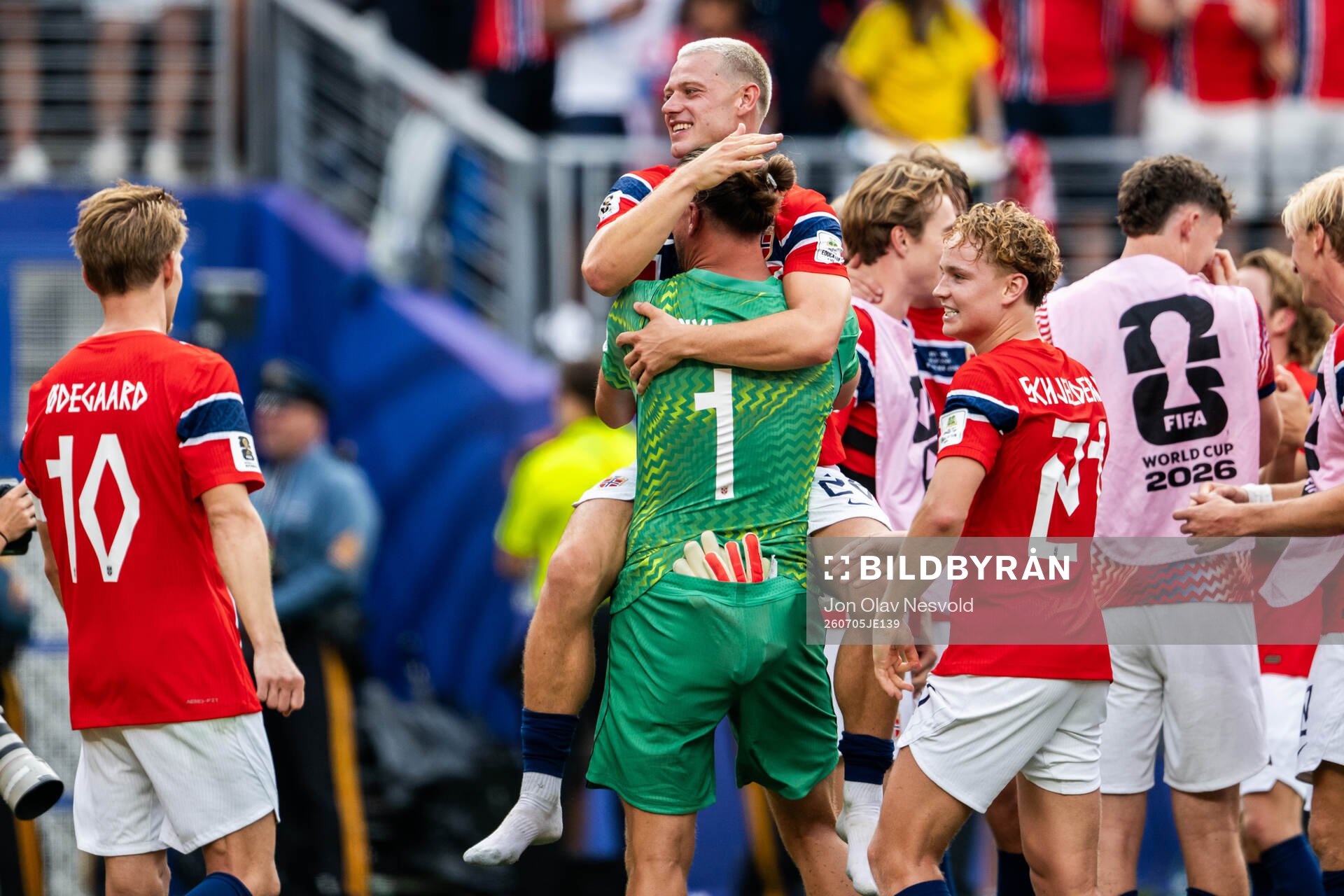 Julian Ryerson and goalkeeper Ørjan Nyland of Norway