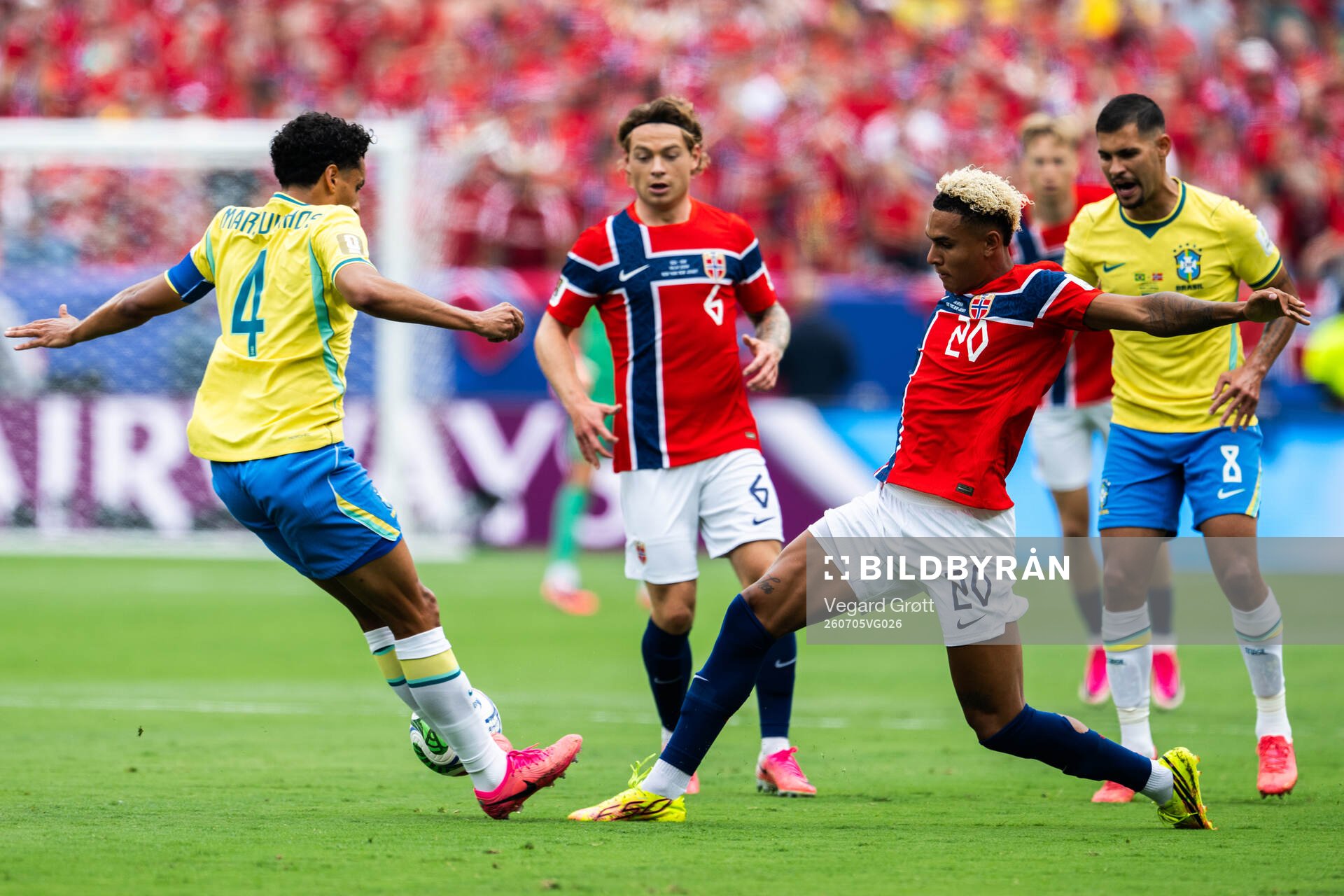 Marquinhos of Brazil and Antonio Nusa of Norway