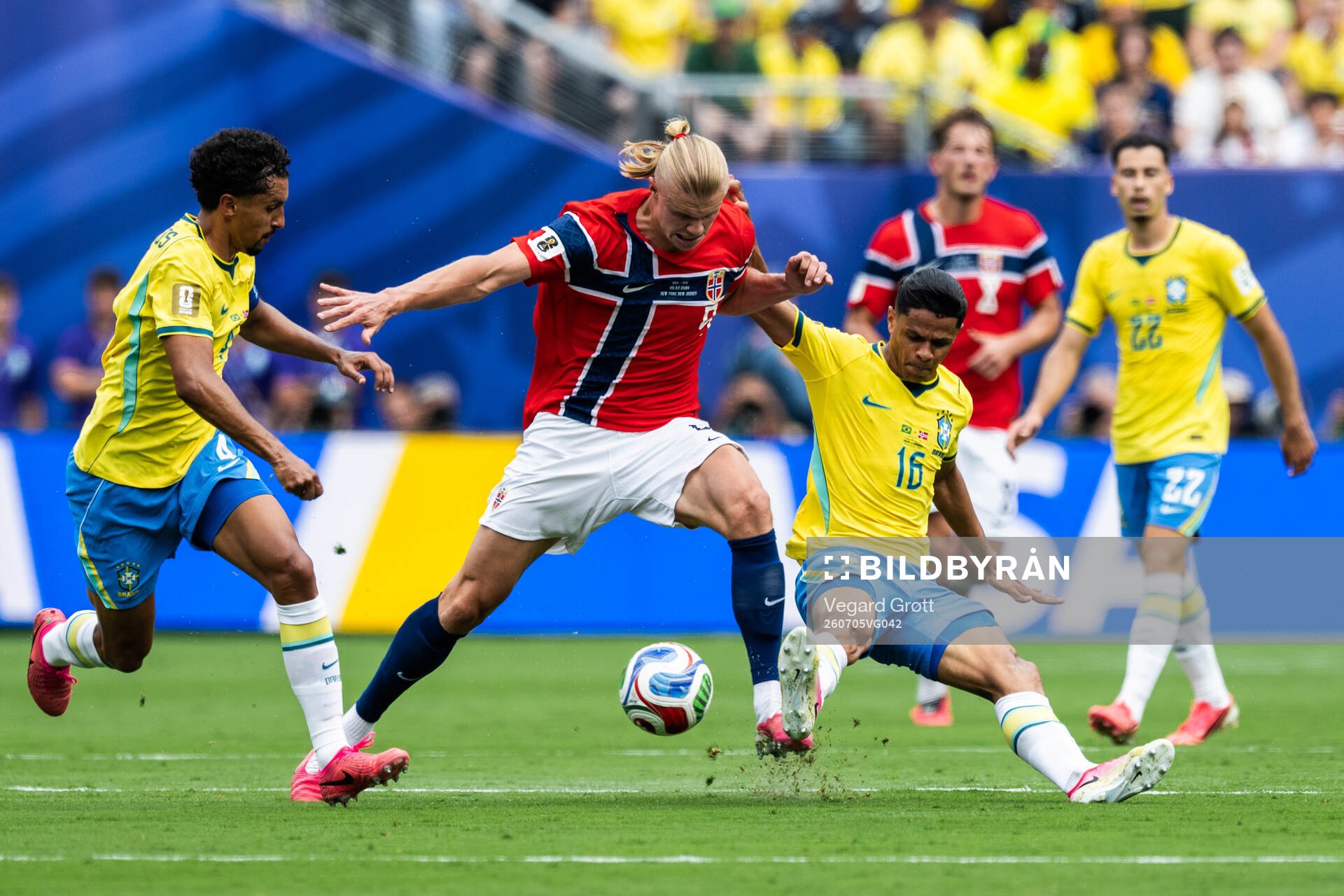 Marquinhos and Douglas Santos of Brazil as well as Erling