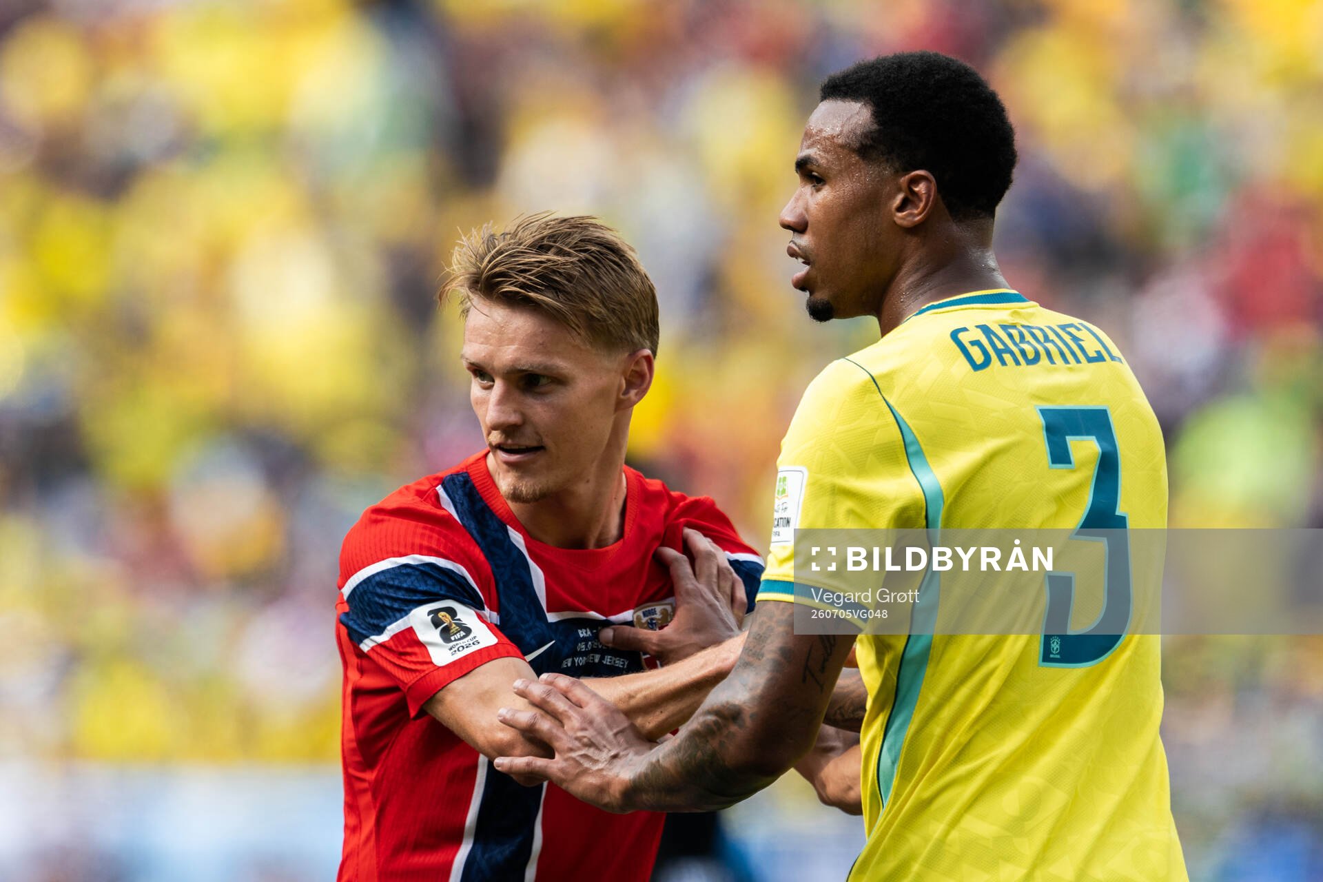Martin Ødegaard of Norway and Gabriel Magalhaes of Brazil