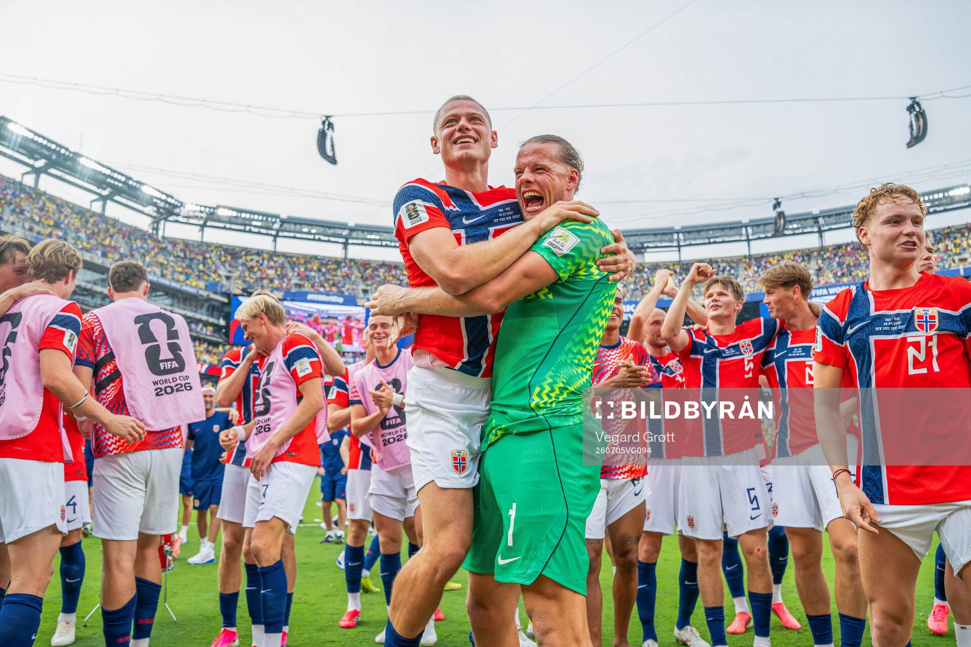 Julian Ryerson and goalkeeper Ørjan Nyland of Norway